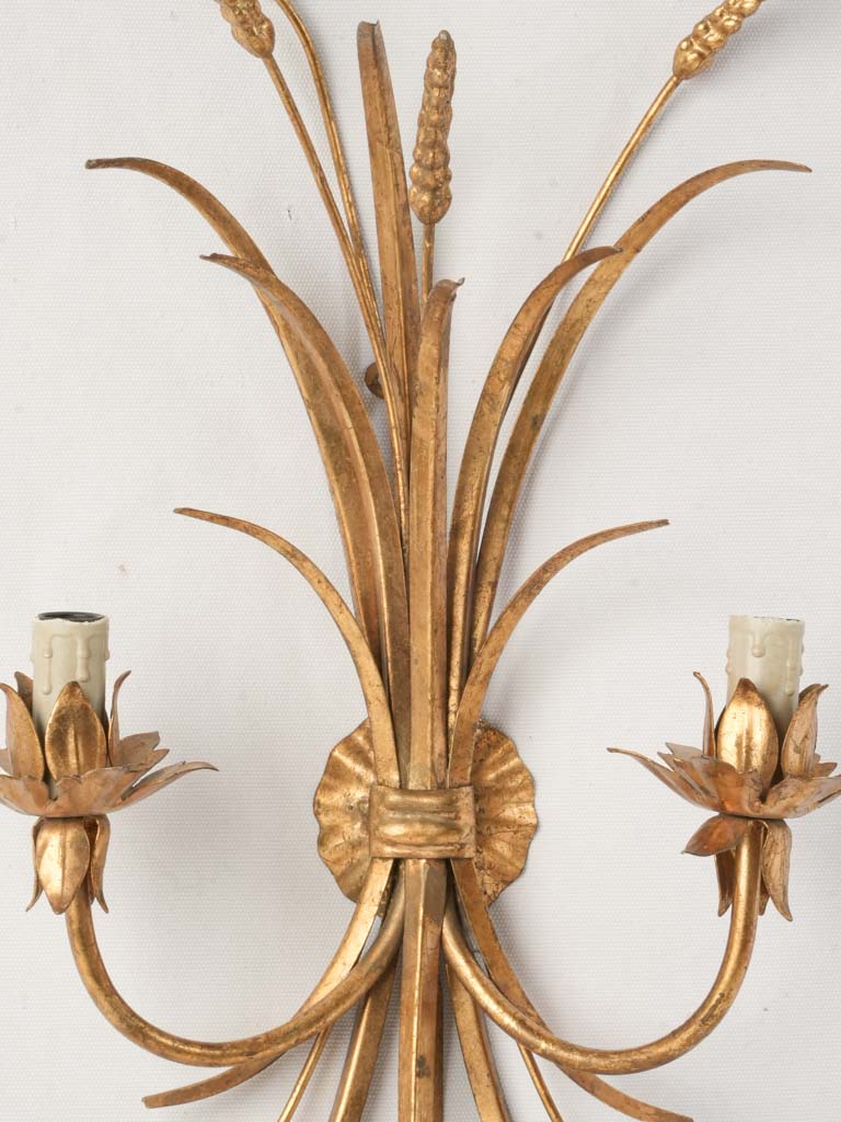 1970s French Gilt Tole Wheat Sheaf Two-Light Wall Sconce - 24" x 14½"