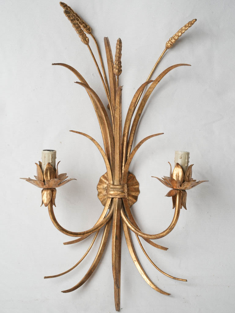 1970s French Gilt Tole Wheat Sheaf Two-Light Wall Sconce - 24" x 14½"