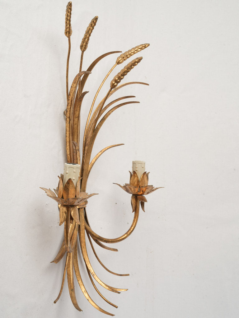 1970s French Gilt Tole Wheat Sheaf Two-Light Wall Sconce - 24" x 14½"