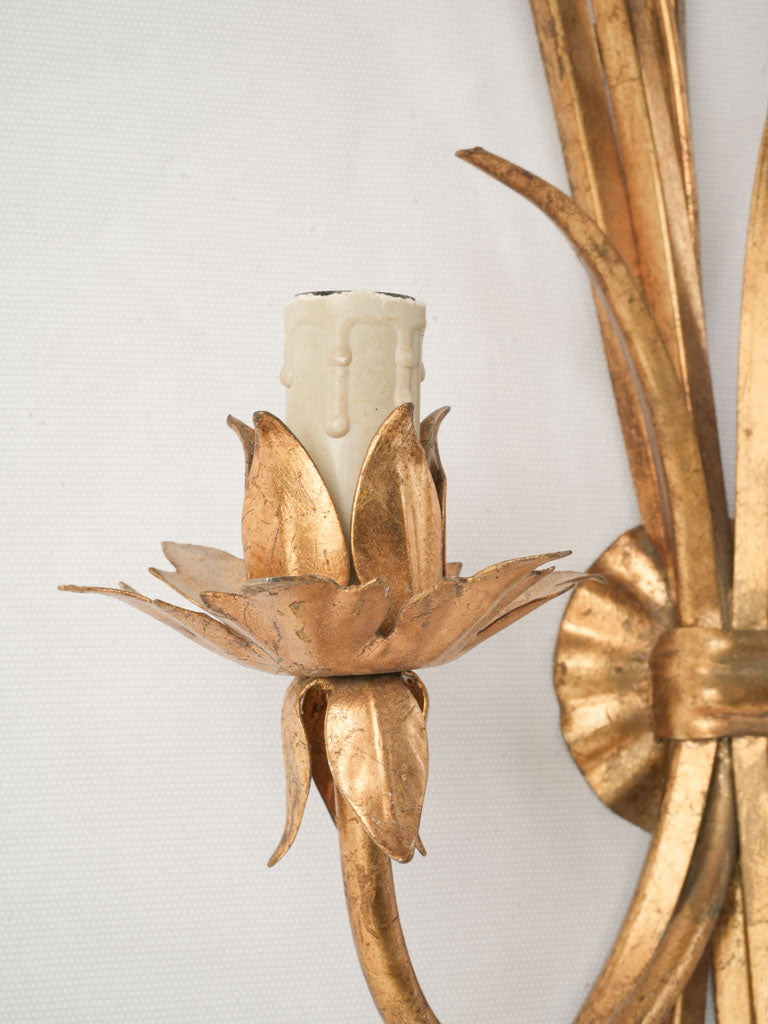 1970s French Gilt Tole Wheat Sheaf Two-Light Wall Sconce - 24" x 14½"