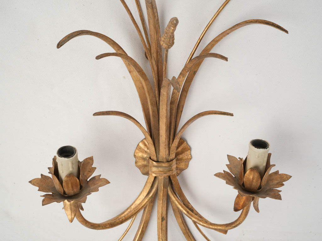 1970s French Gilt Tole Wheat Sheaf Two-Light Wall Sconce - 24" x 14½"