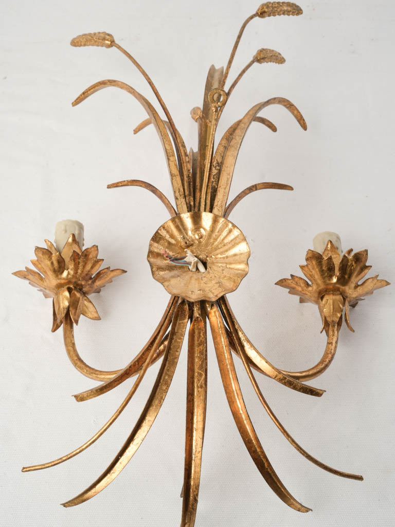 1970s French Gilt Tole Wheat Sheaf Two-Light Wall Sconce - 24" x 14½"