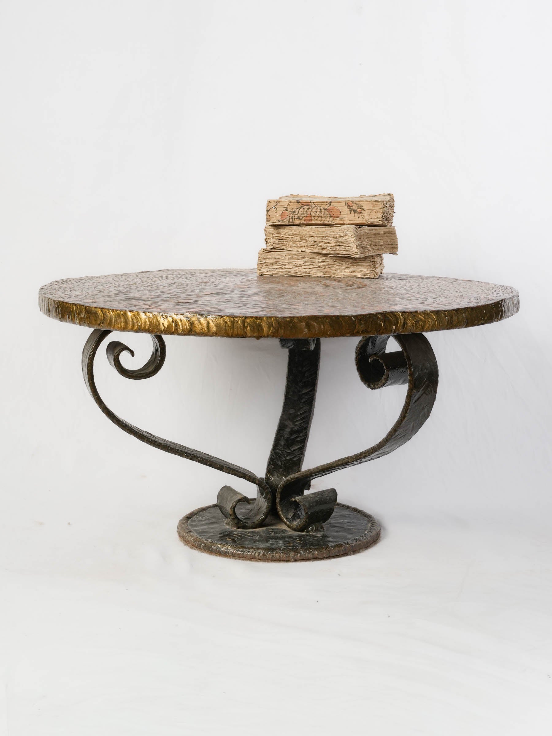 French 1950s Hand-Forged Iron and Hammered Copper Coffee Table - 15" x 28¼"