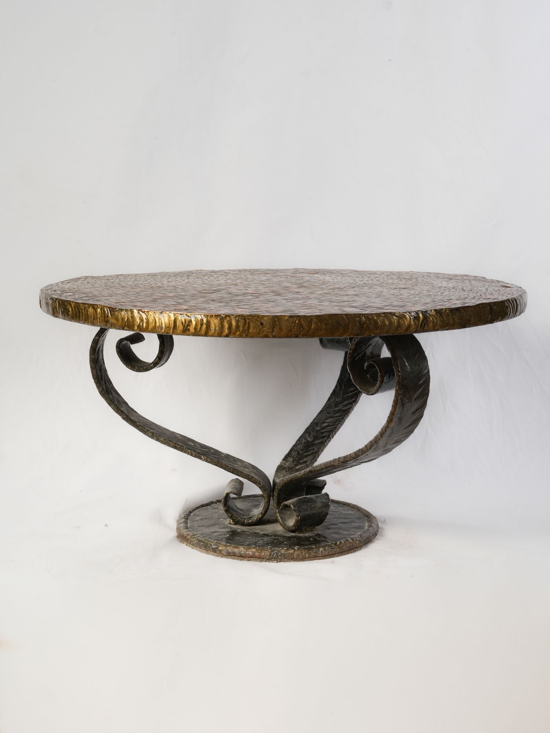 French 1950s Hand-Forged Iron and Hammered Copper Coffee Table - 15" x 28¼"