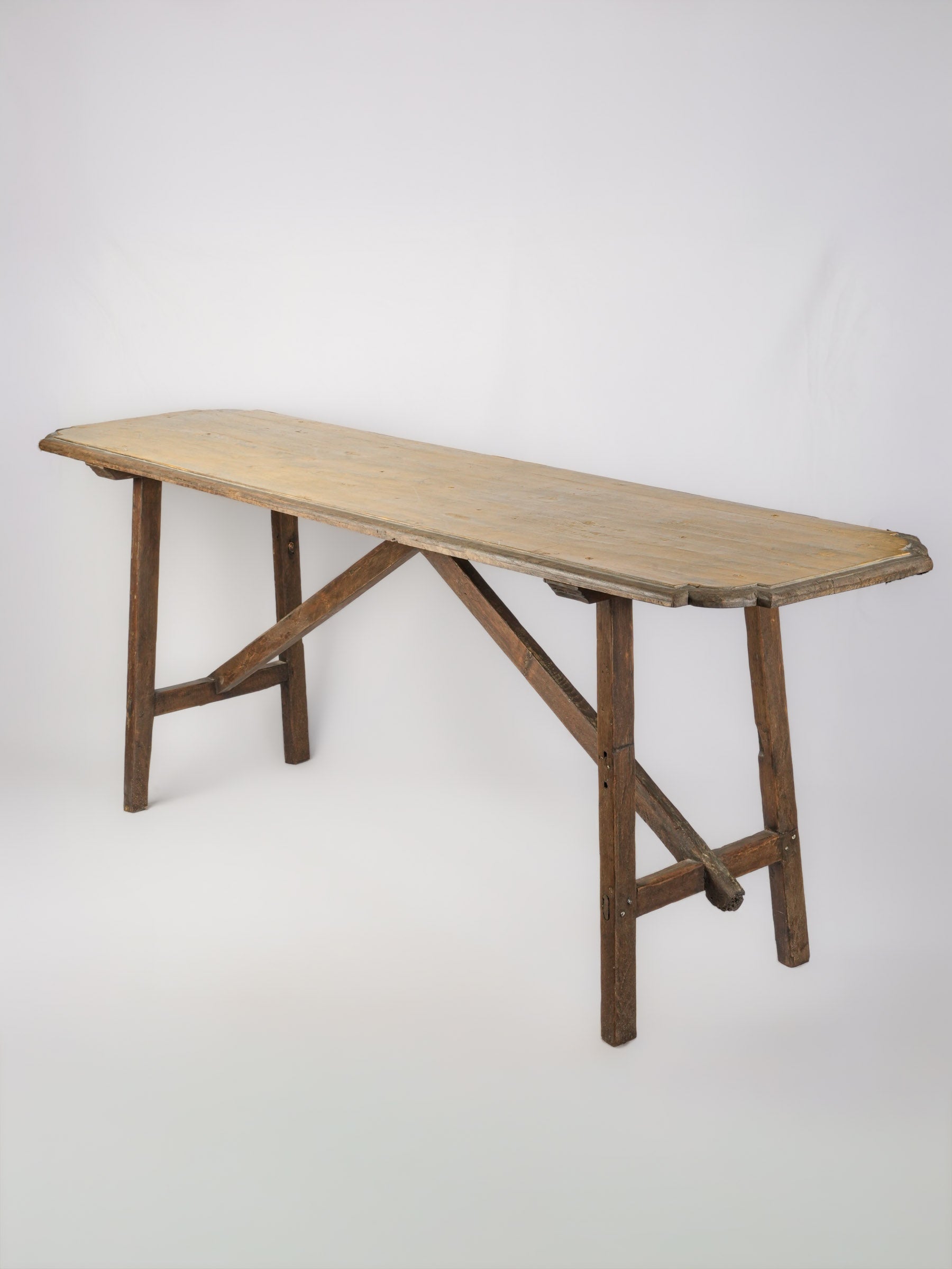 Narrow Rustic Wood Console Table w/ Ocher-Painted Top, 20th Century - 80¾"