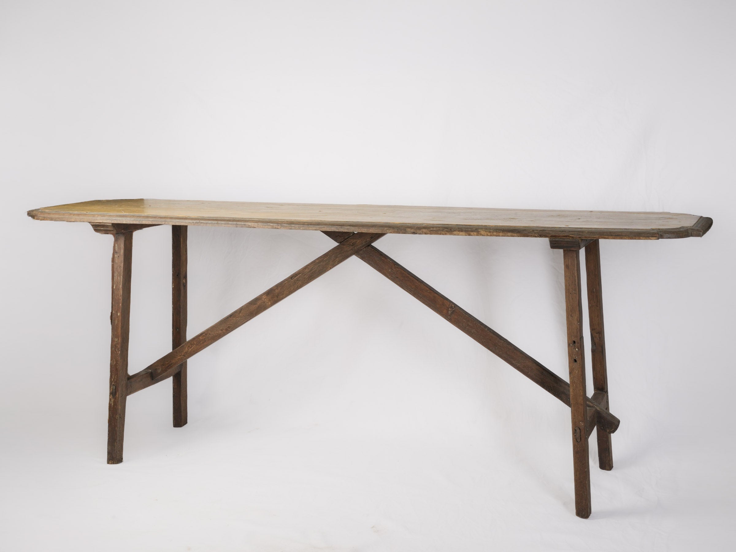 Narrow Rustic Wood Console Table w/ Ocher-Painted Top, 20th Century - 80¾"