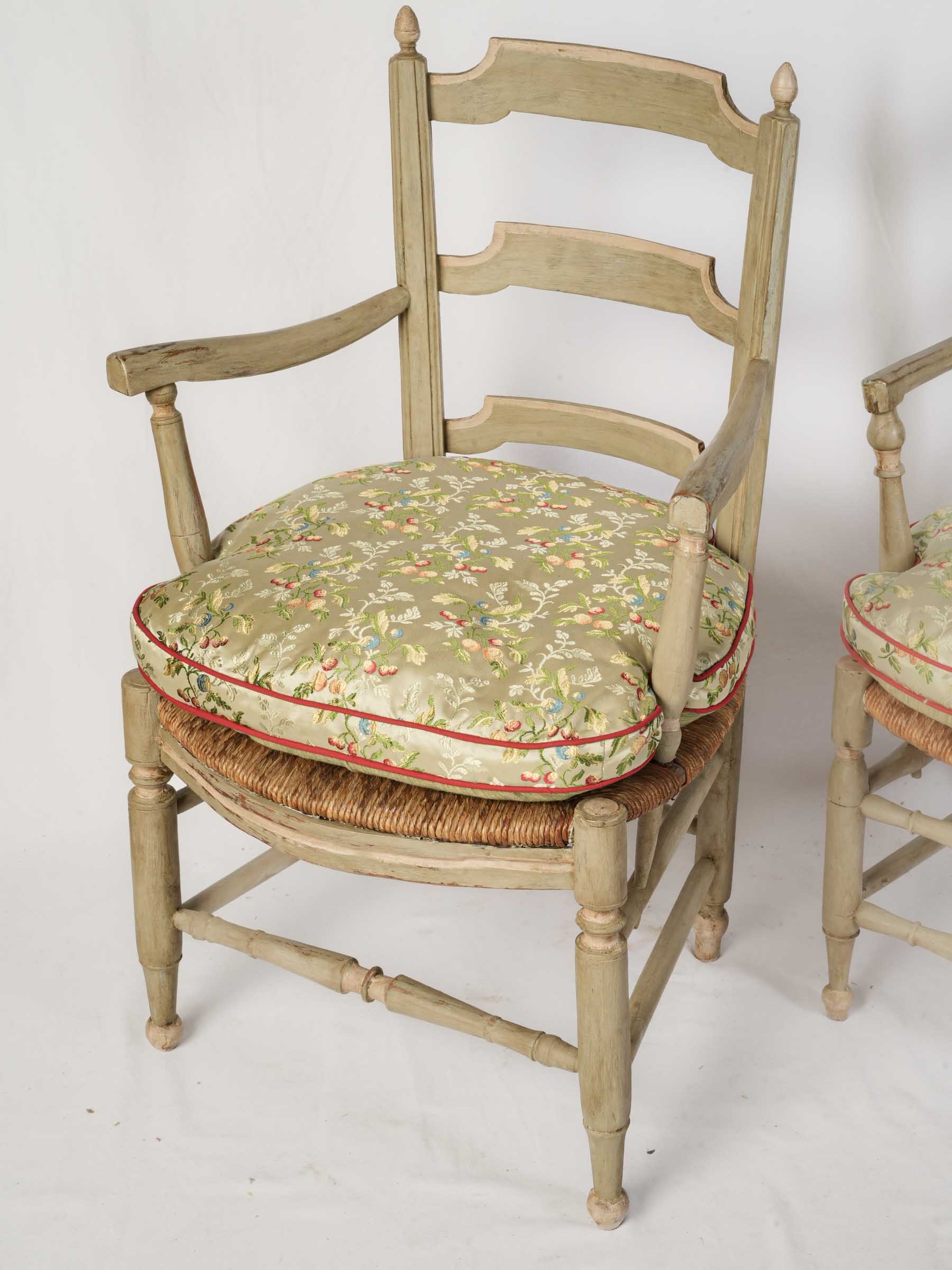 Near Pair of Provençal Armchairs w/ Luminous Embroidered Silk Cushions - 36¼" x 22¾"