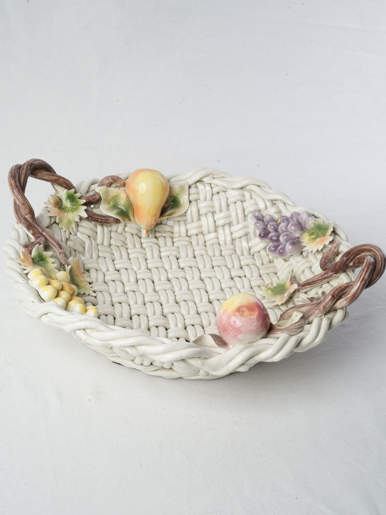 Mid-20th Century Vallauris Majolica Basket-Shaped Bowl W/ Barbotine Fruit - 20"