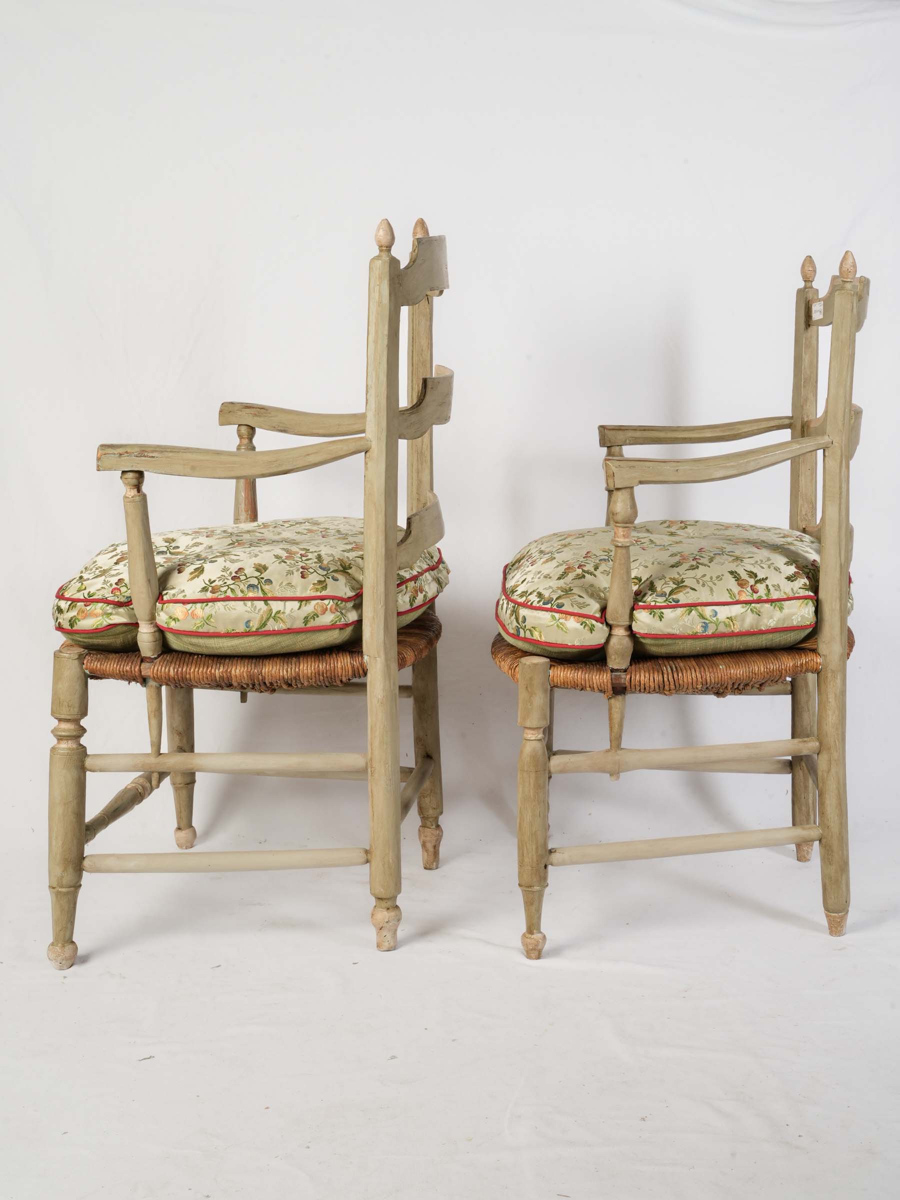 Near Pair of Provençal Armchairs w/ Luminous Embroidered Silk Cushions - 36¼" x 22¾"