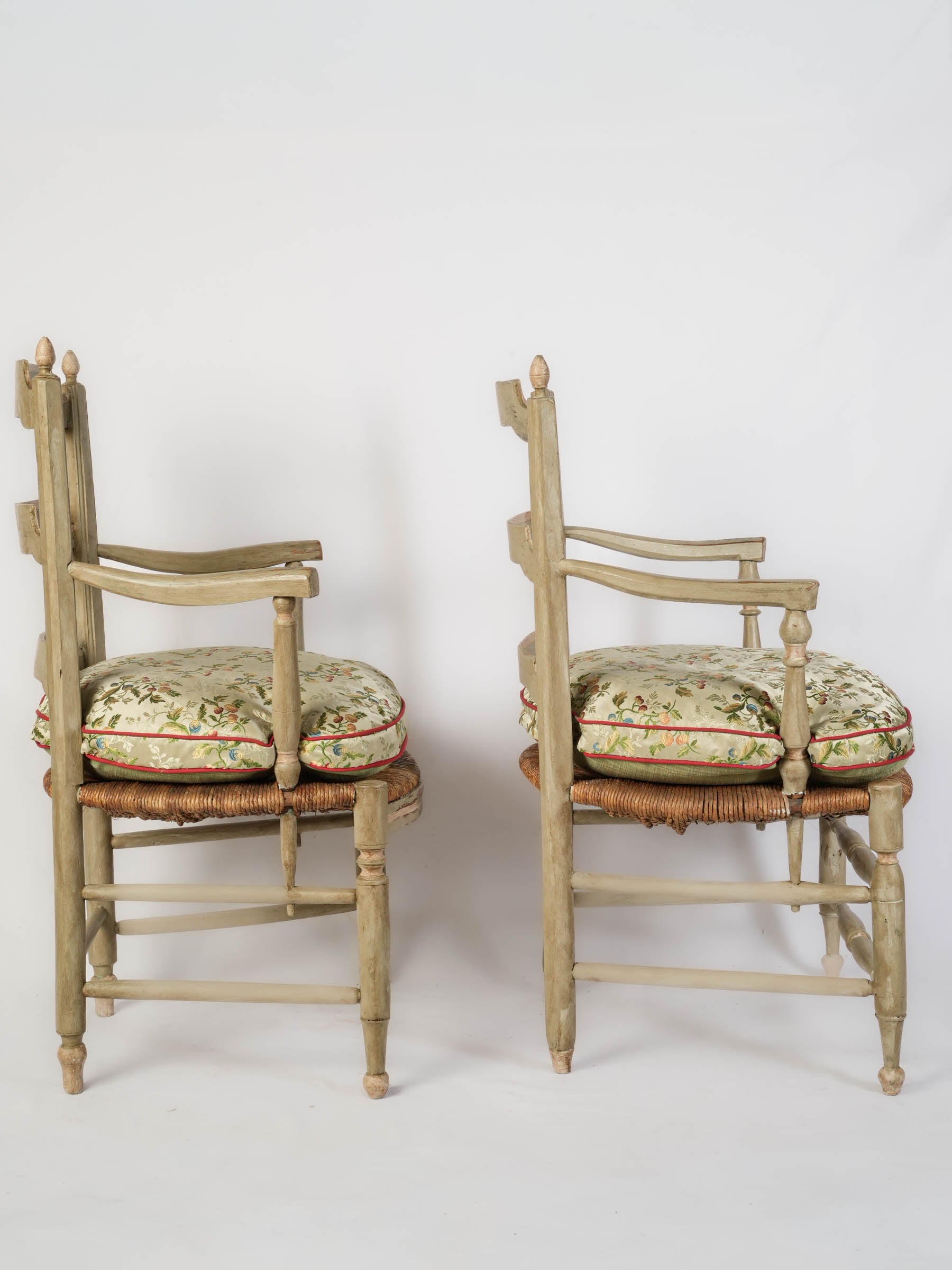 Near Pair of Provençal Armchairs w/ Luminous Embroidered Silk Cushions - 36¼" x 22¾"