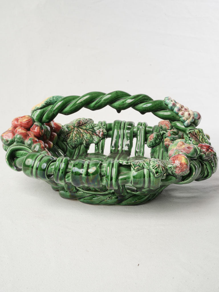 Mid-20th Century Vallauris Majolica Oval Basket W/ Barbotine Fruit - 14¼"
