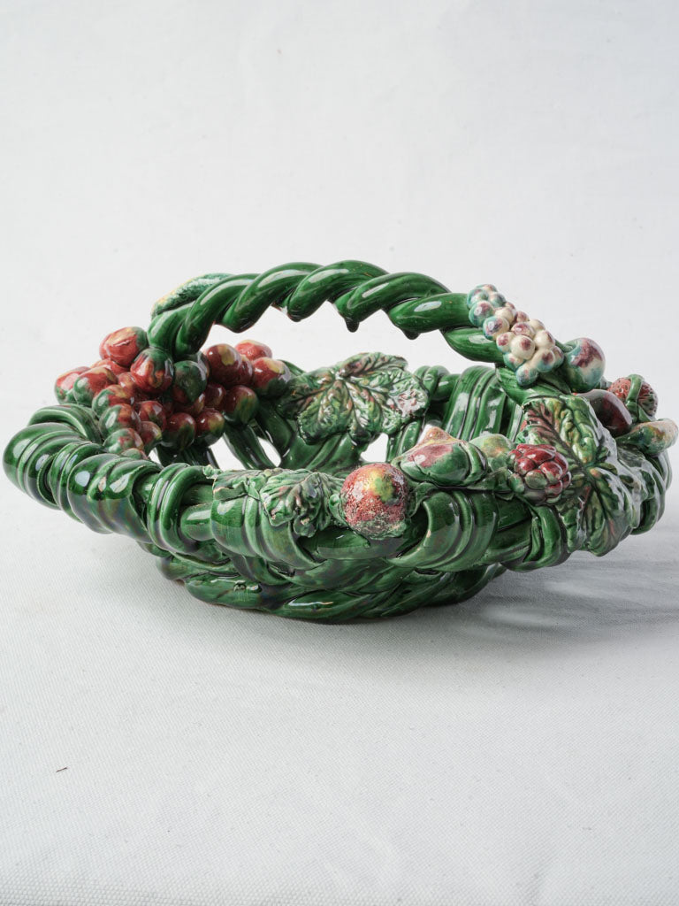 Mid-20th Century Vallauris Majolica Oval Basket W/ Barbotine Fruit - 14¼"