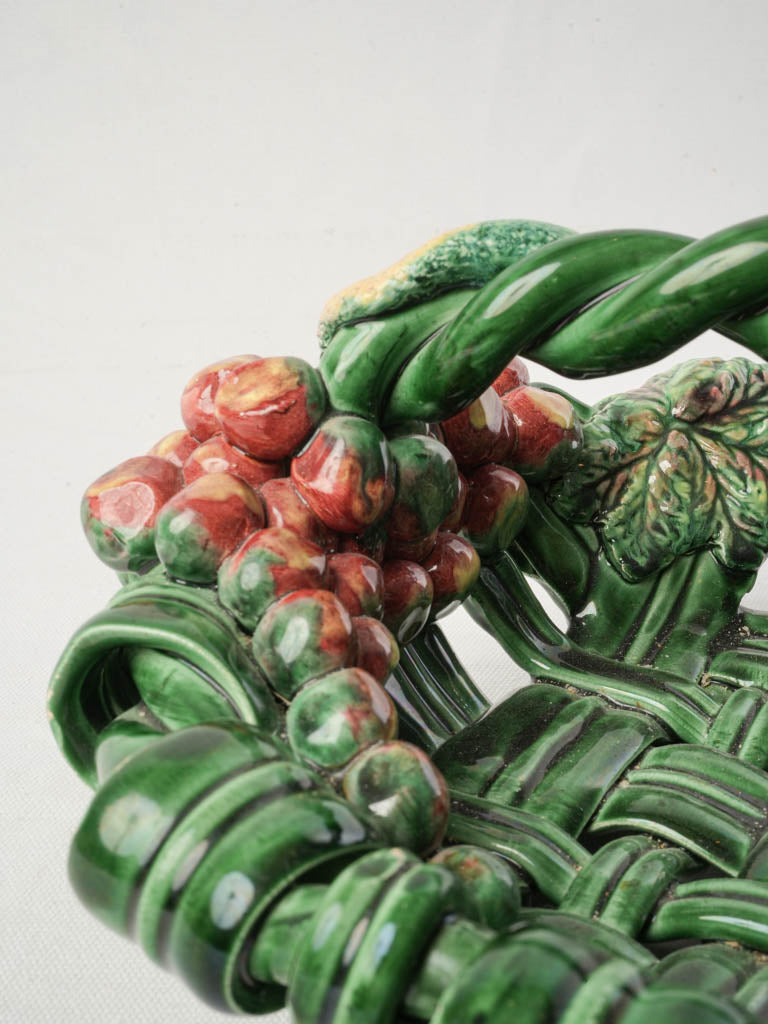 Mid-20th Century Vallauris Majolica Oval Basket W/ Barbotine Fruit - 14¼"