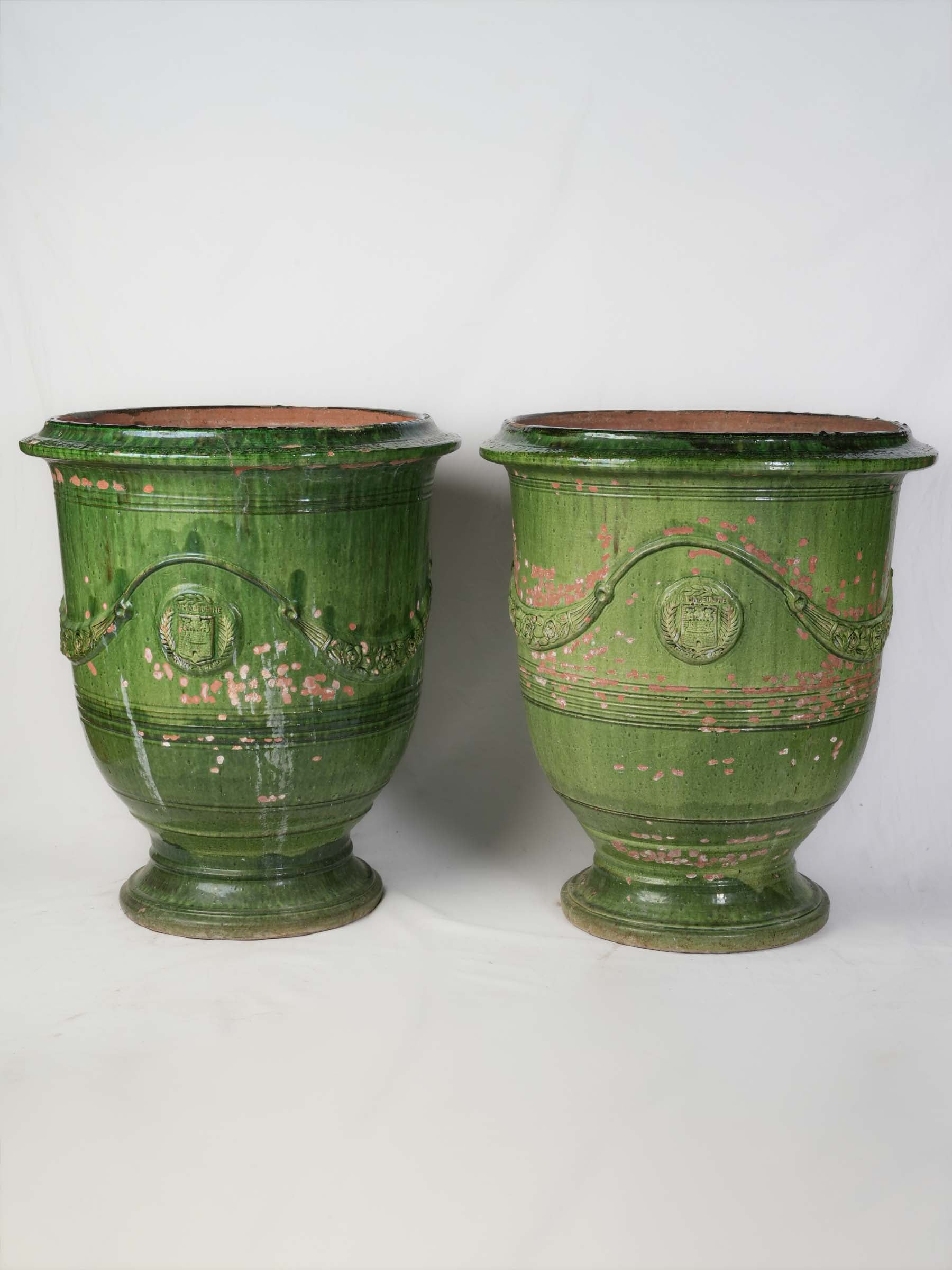 Pair of Large Vintage French Emerald-Glazed Anduze Garden Urns