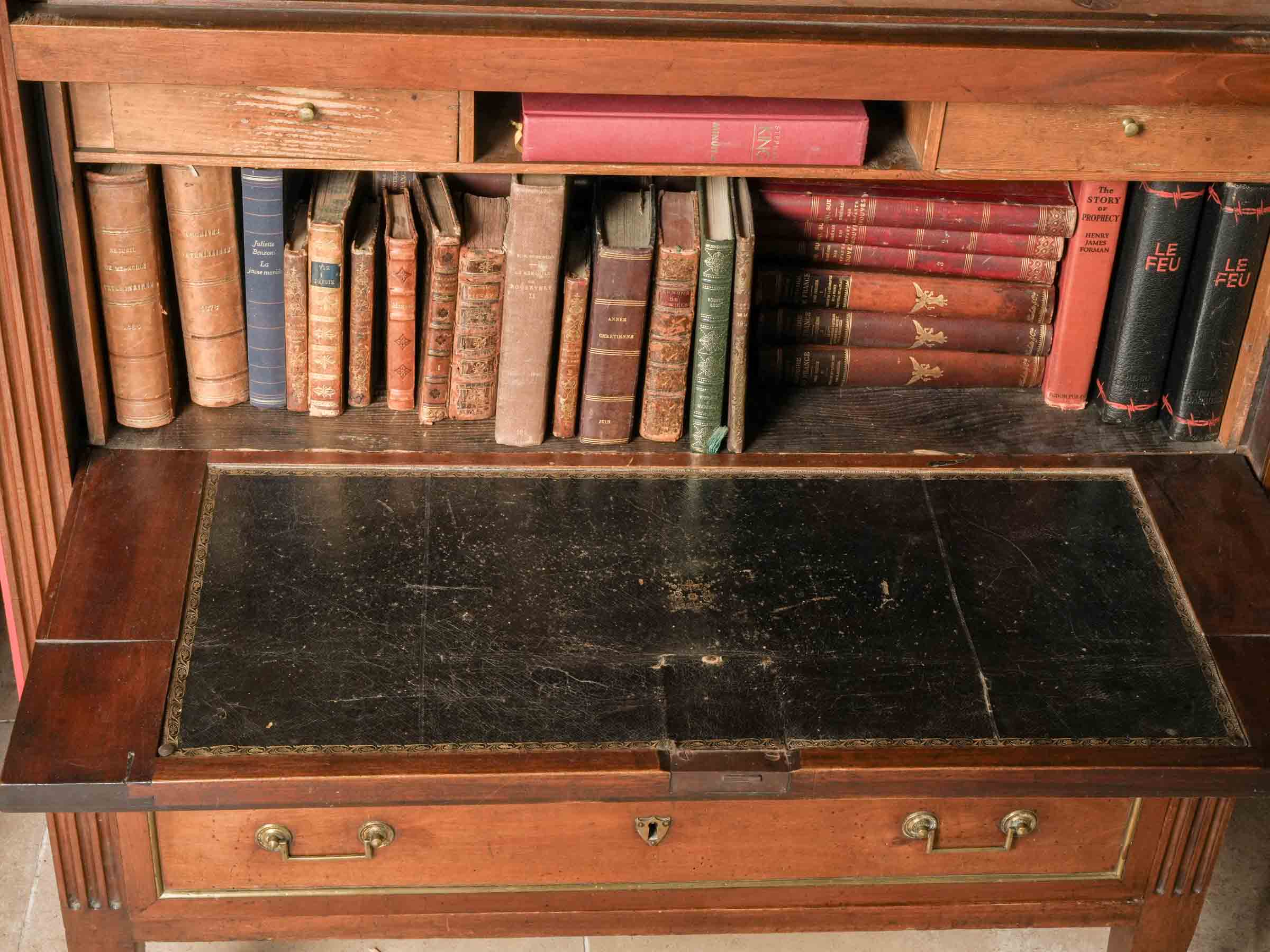Louis XVI Mahogany Secretary Bookcase w/ Brilliant Mercury Mirror - 74¾" x 43"