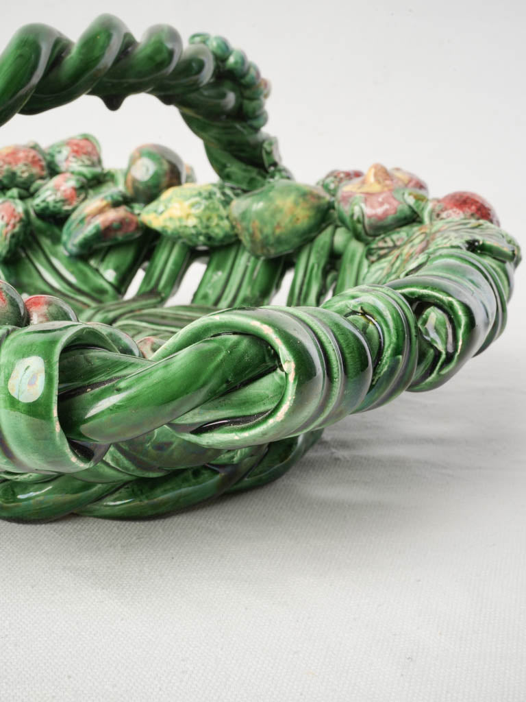 Mid-20th Century Vallauris Majolica Oval Basket W/ Barbotine Fruit - 14¼"