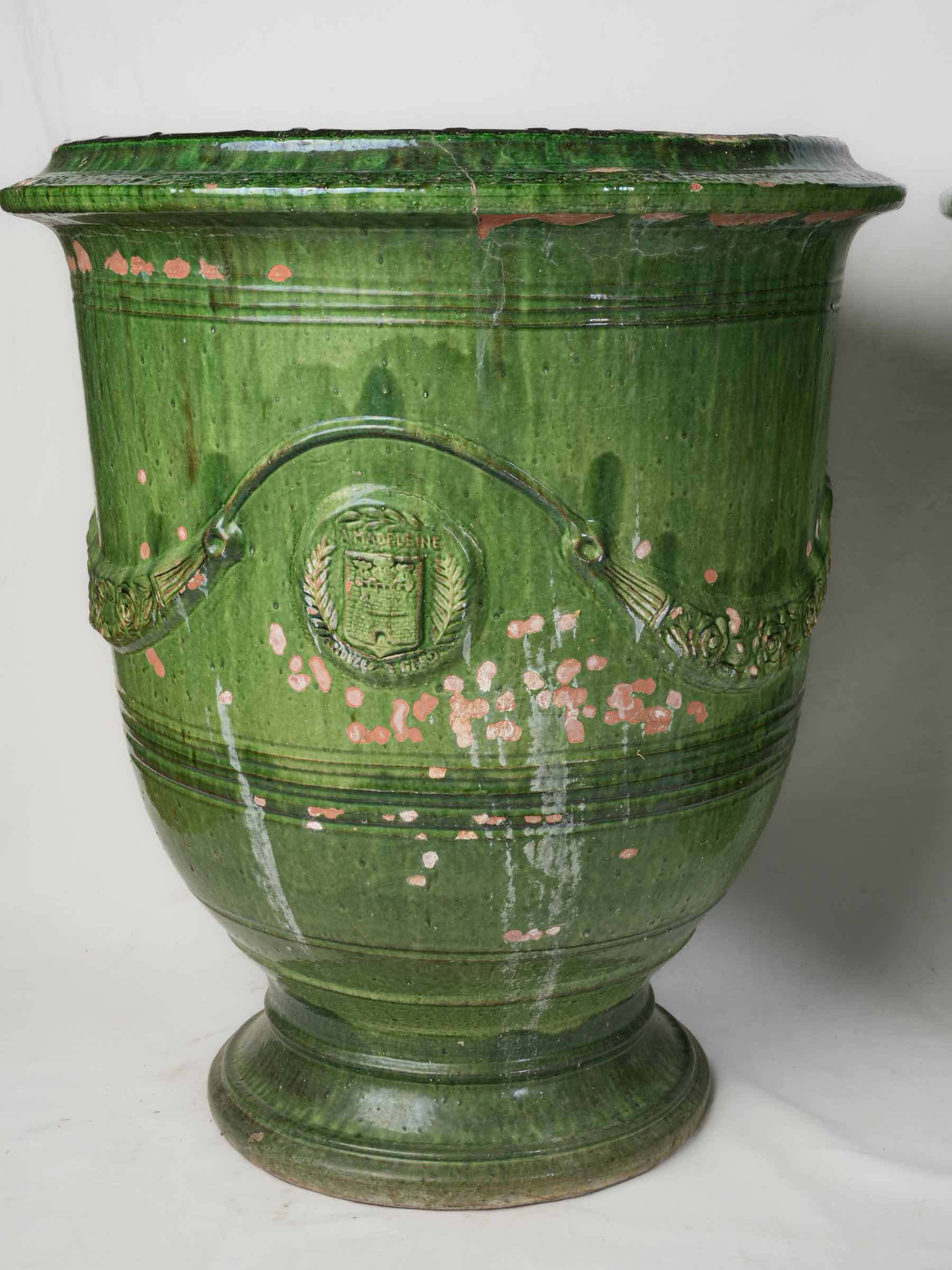 Pair of Large Vintage French Emerald-Glazed Anduze Garden Urns