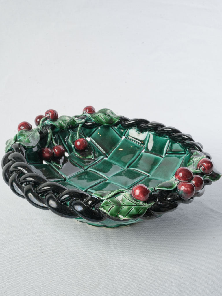 1960s French Vallauris Majolica Basket-Form Bowl W/ Red Cherries - 13½"
