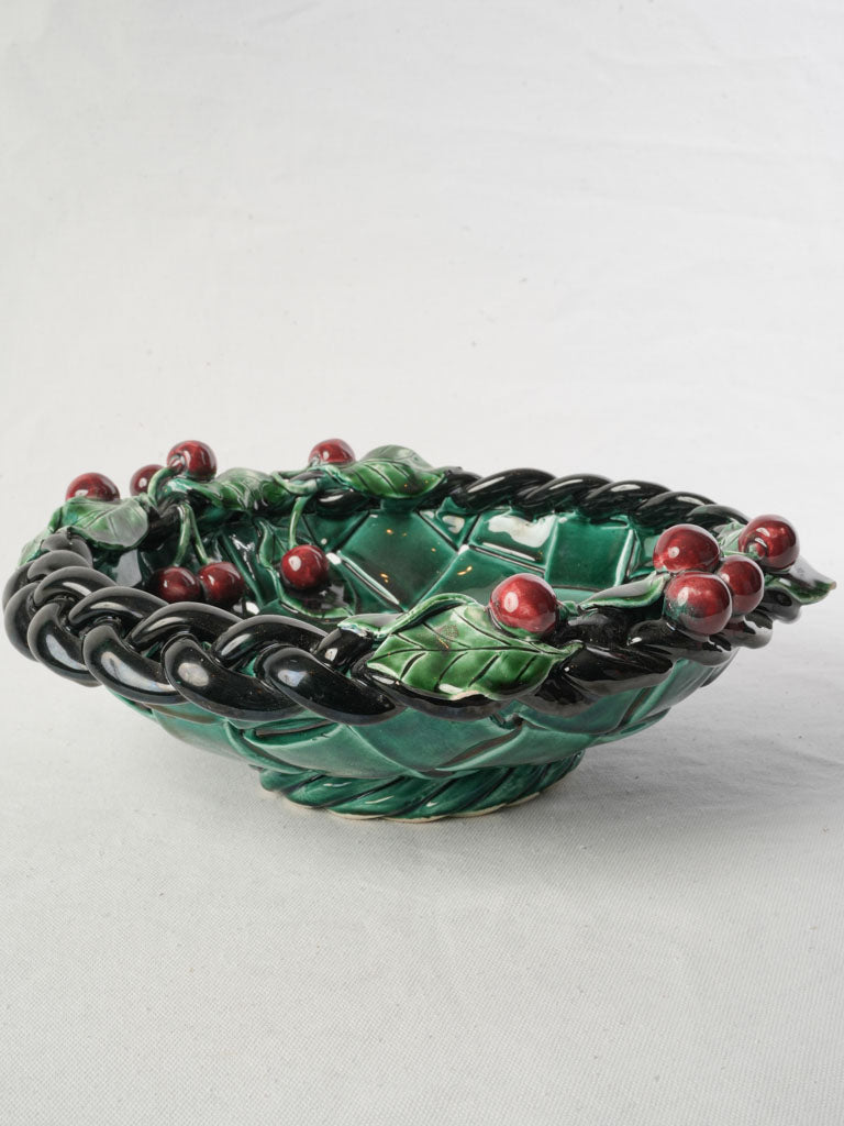 1960s French Vallauris Majolica Basket-Form Bowl W/ Red Cherries - 13½"