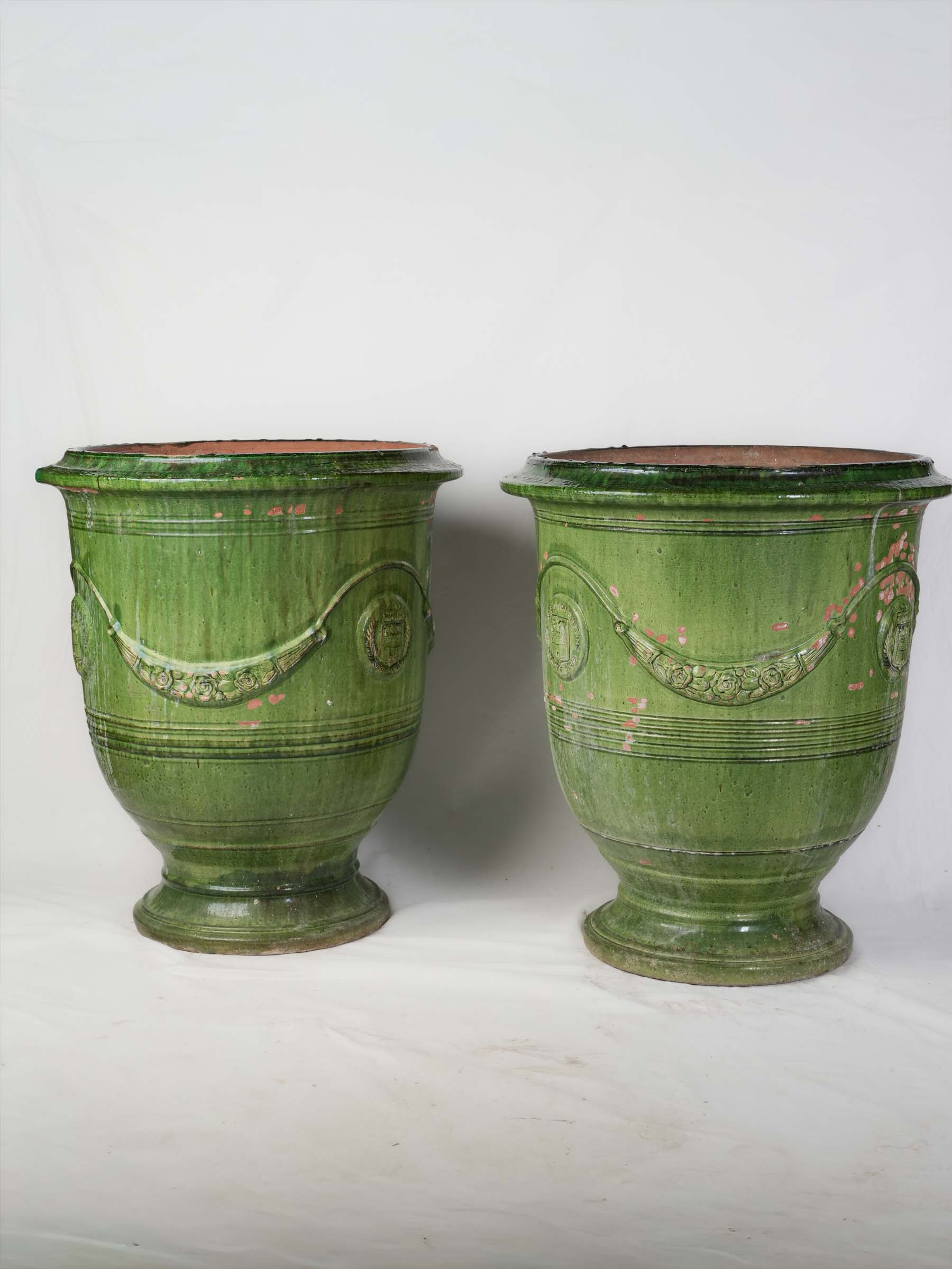 Pair of Large Vintage French Emerald-Glazed Anduze Garden Urns