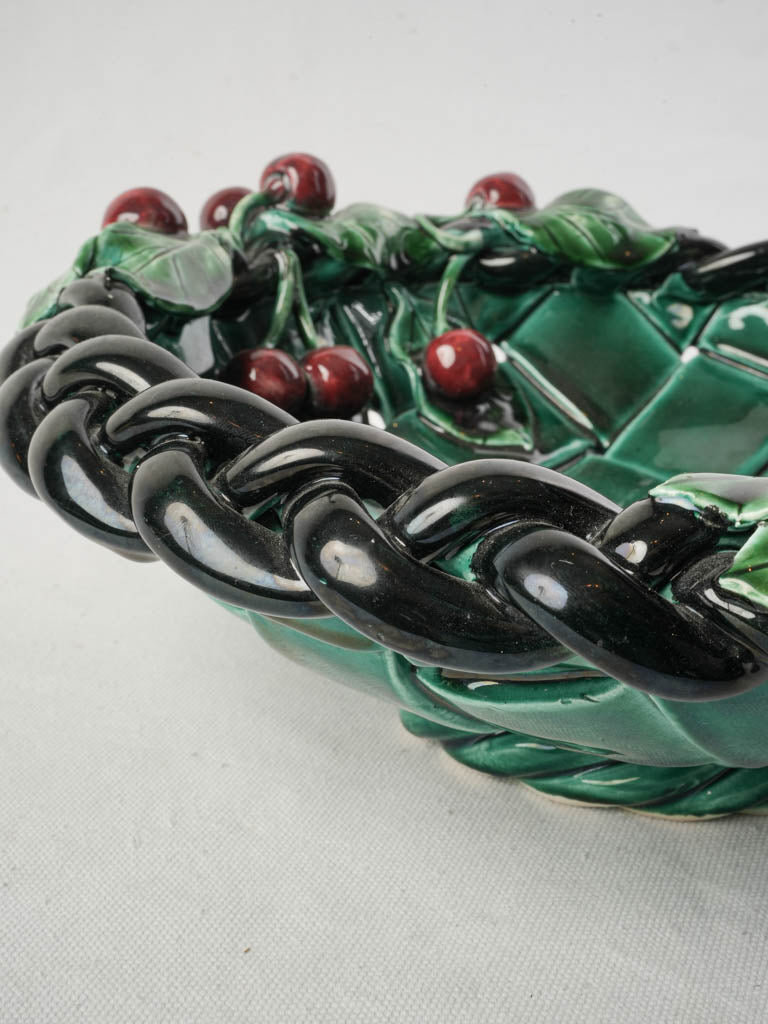 1960s French Vallauris Majolica Basket-Form Bowl W/ Red Cherries - 13½"