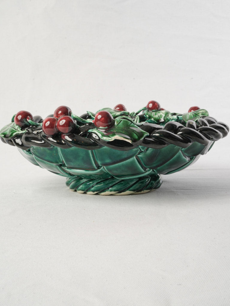 1960s French Vallauris Majolica Basket-Form Bowl W/ Red Cherries - 13½"