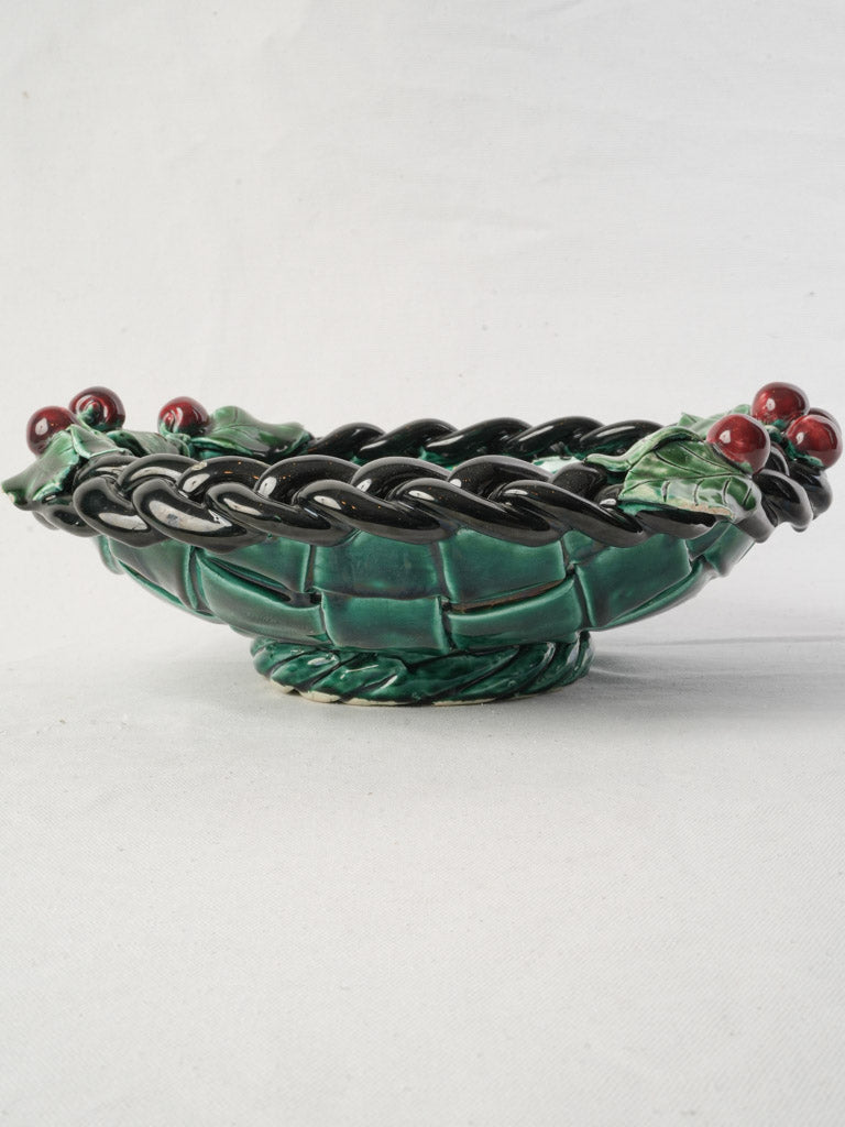 1960s French Vallauris Majolica Basket-Form Bowl W/ Red Cherries - 13½"