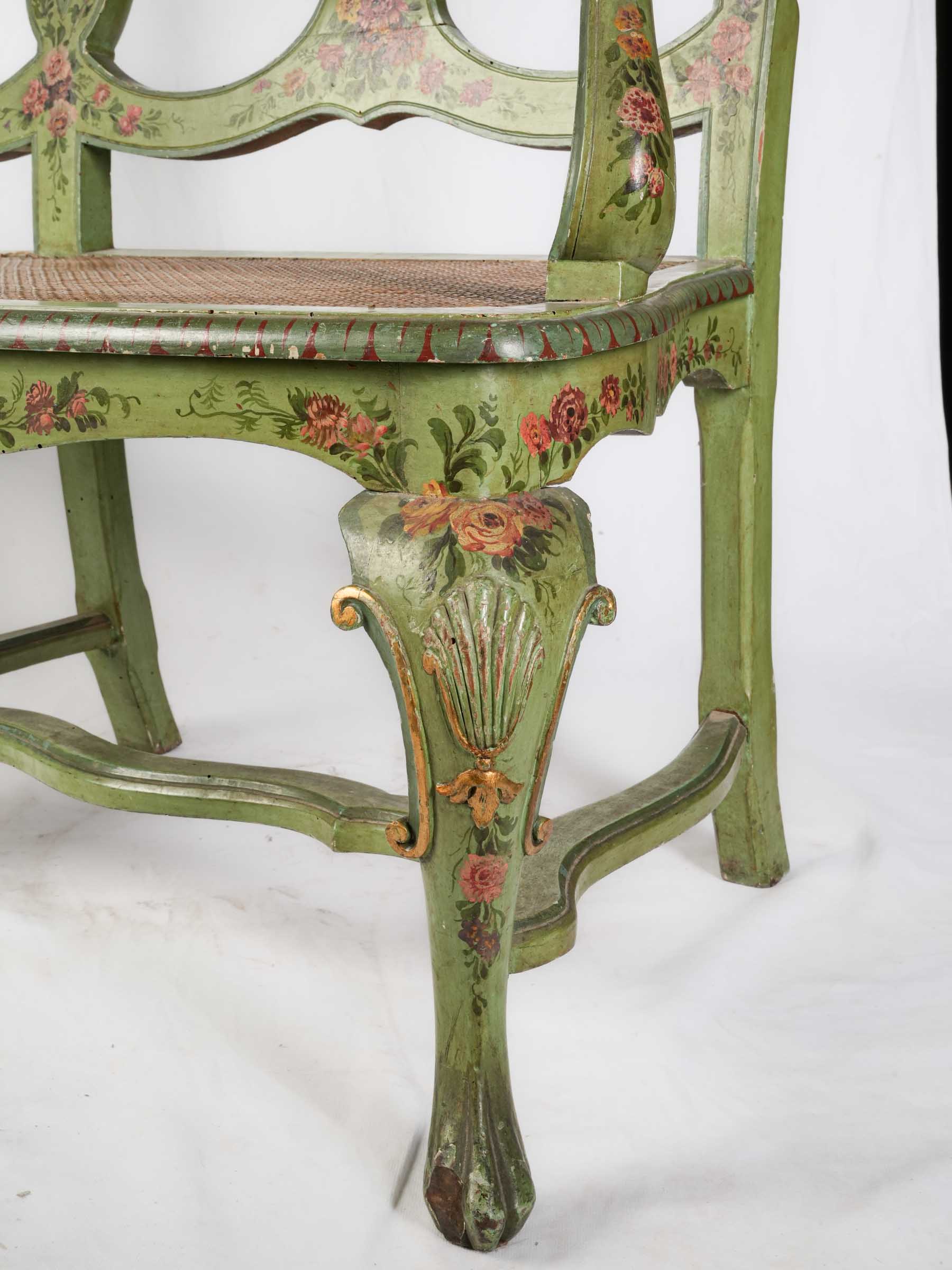 Graceful Italian Painted Openwork Settee with Caned Seat, Late 19th Century - 58"