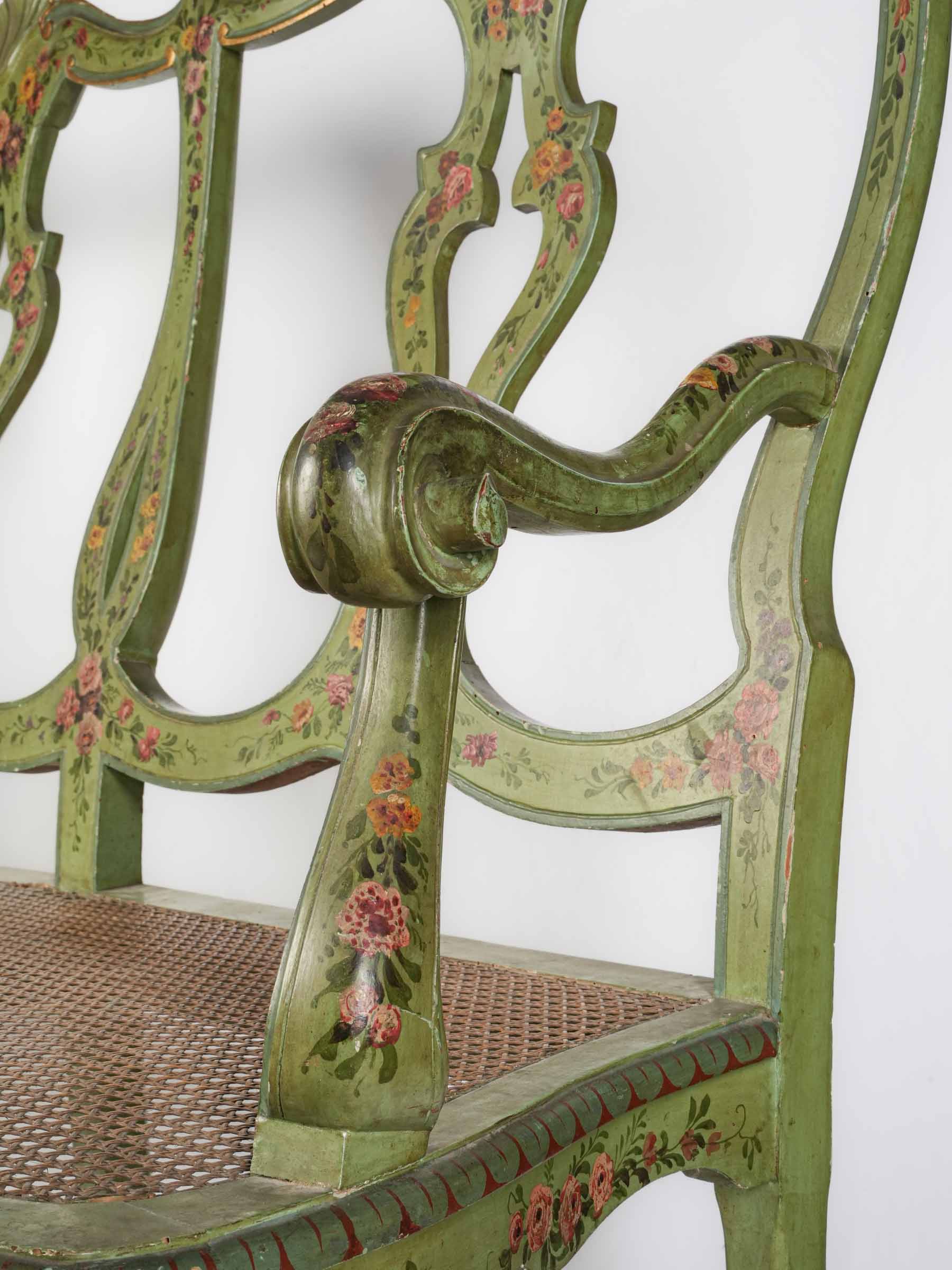 Graceful Italian Painted Openwork Settee with Caned Seat, Late 19th Century - 58"