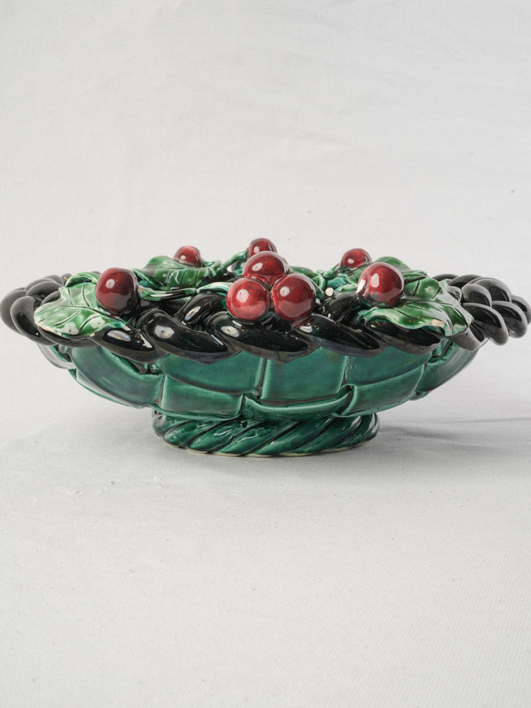 1960s French Vallauris Majolica Basket-Form Bowl W/ Red Cherries - 13½"