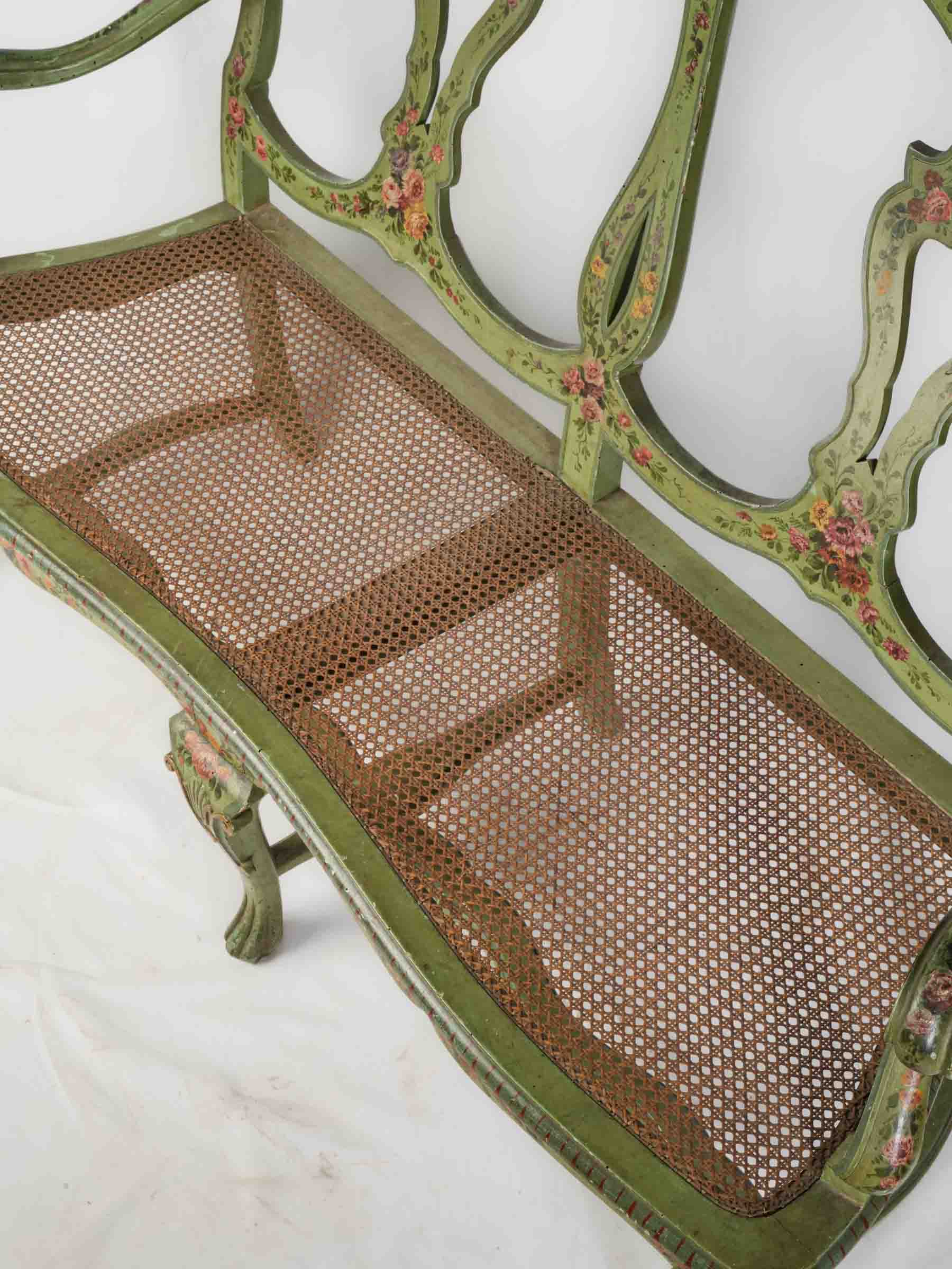 Graceful Italian Painted Openwork Settee with Caned Seat, Late 19th Century - 58"