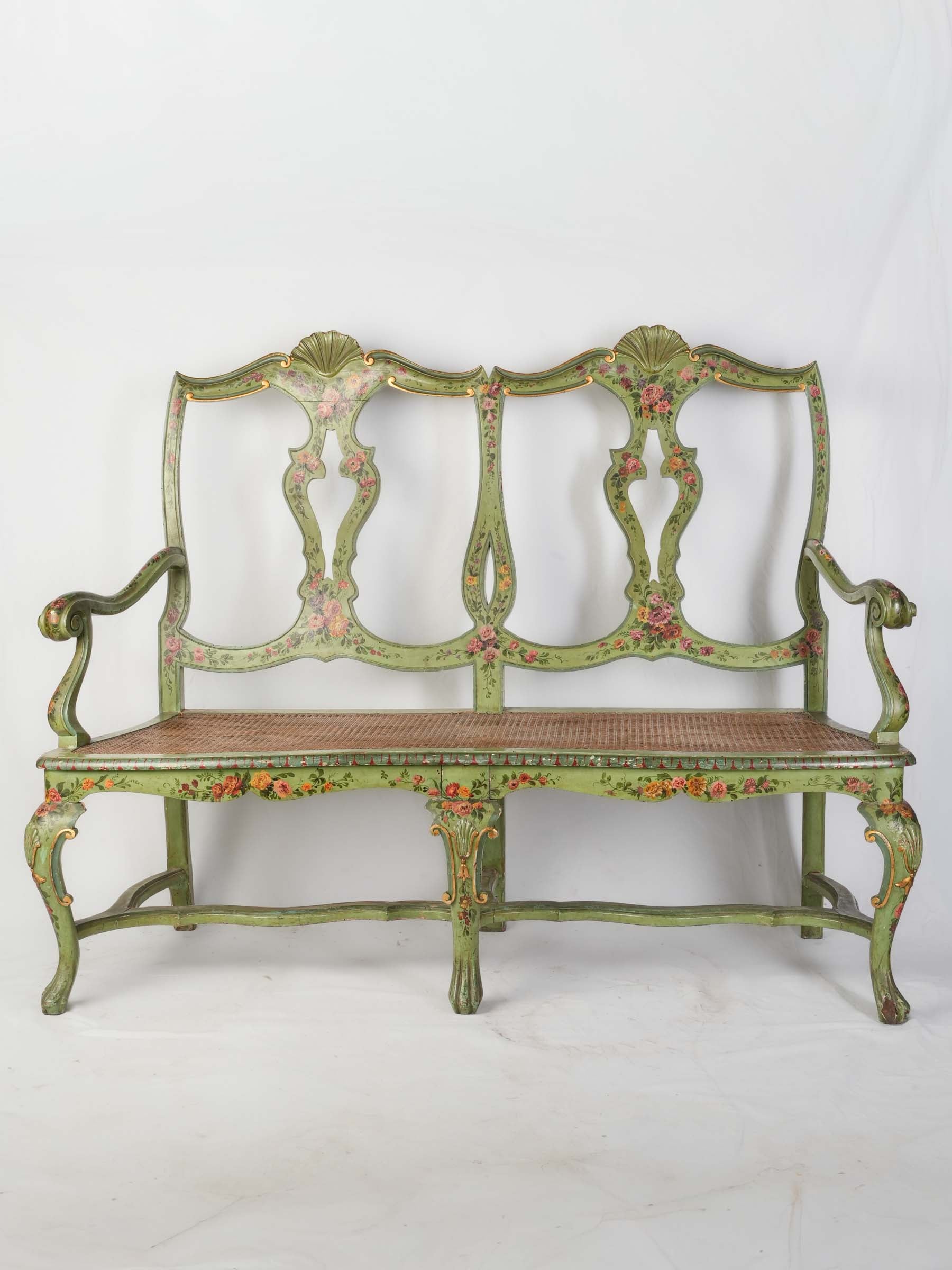 Graceful Italian Painted Openwork Settee with Caned Seat, Late 19th Century - 58"
