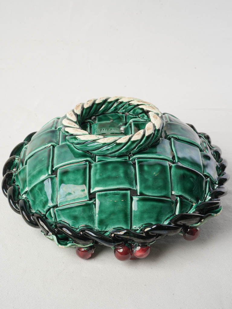 1960s French Vallauris Majolica Basket-Form Bowl W/ Red Cherries - 13½"