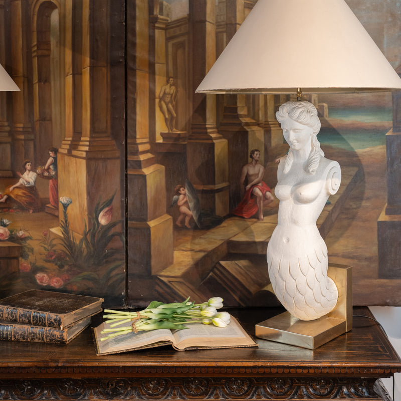 Intriguing vintage reconstituted stone mermaid lamps