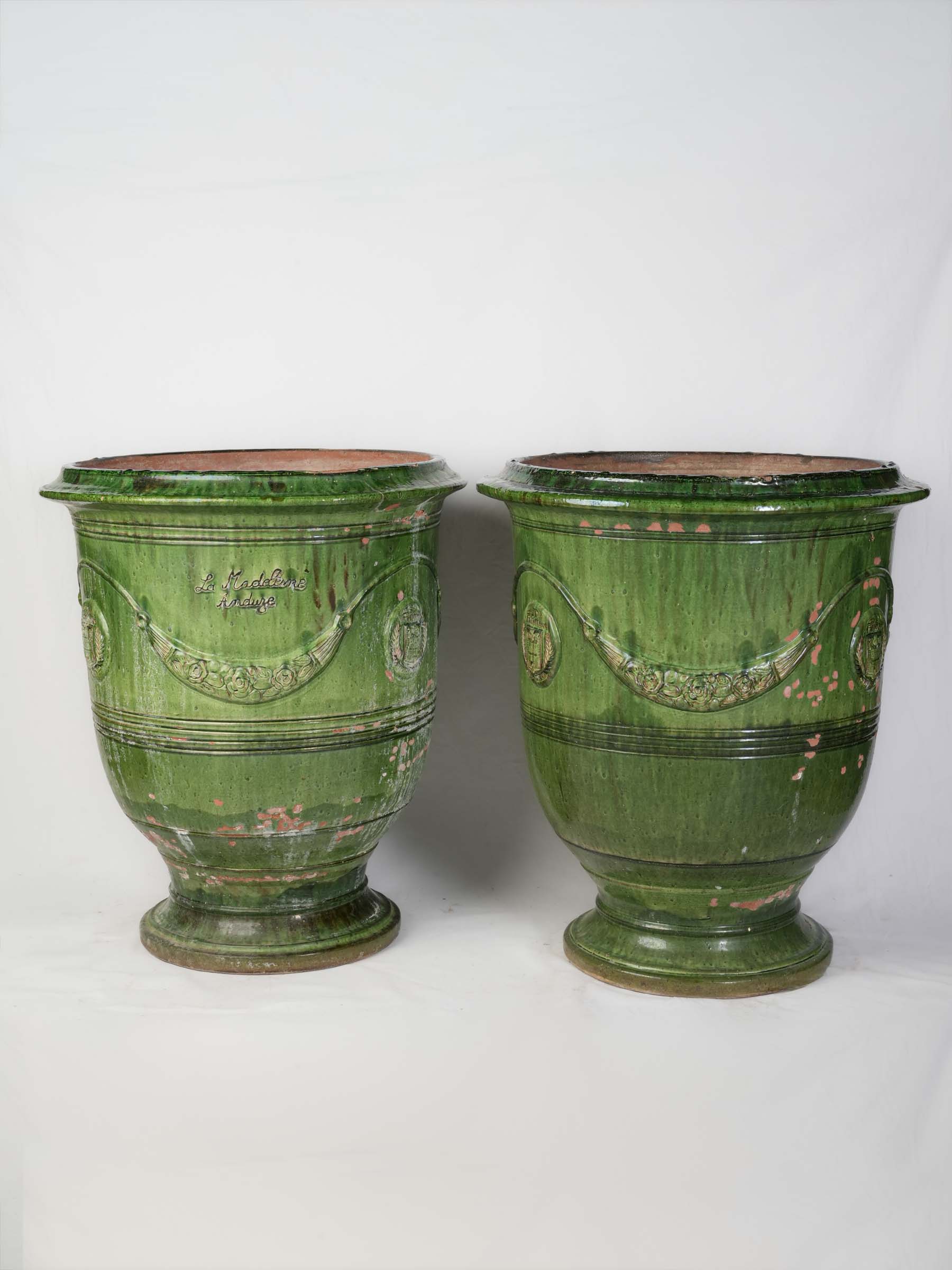 Pair of Large Vintage Green Glazed Anduze Garden Urns - 32¼"
