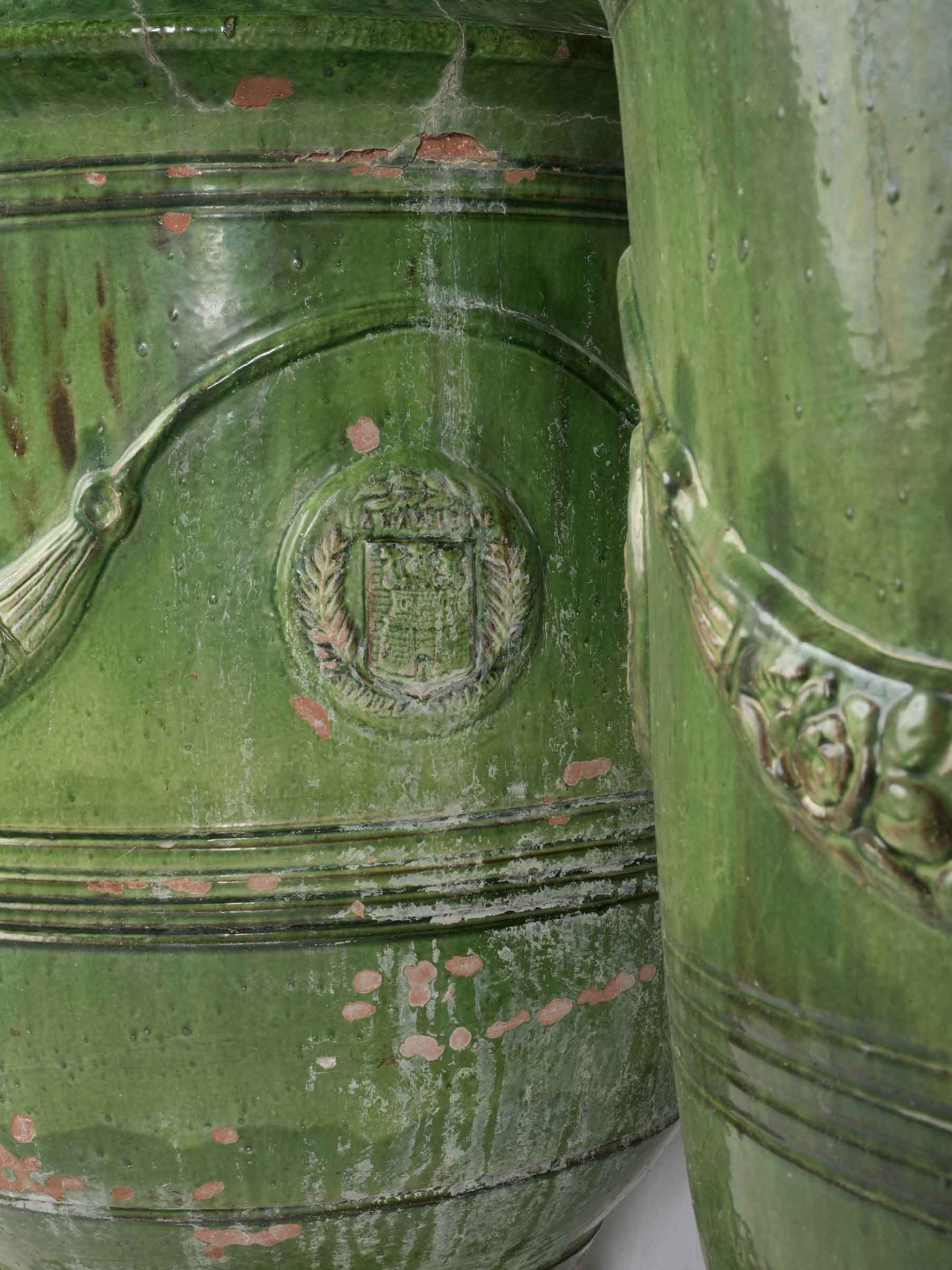 Pair of Large Vintage Green Glazed Anduze Garden Urns - 32¼"