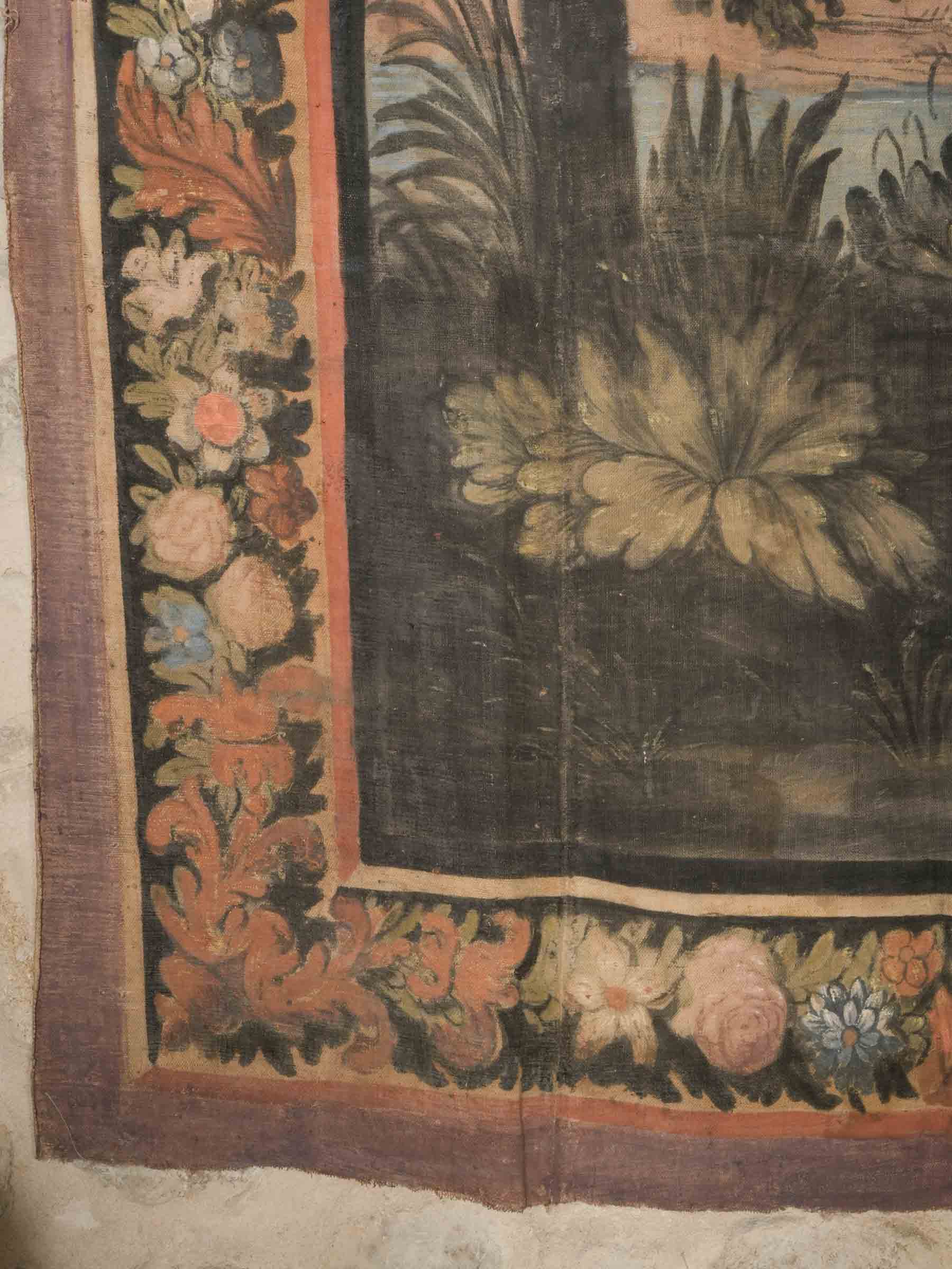 Large 18th Century Provençal Painted Hanging w/ Atmospheric Landscape & Rich Floral Border - 114¼" x 67"