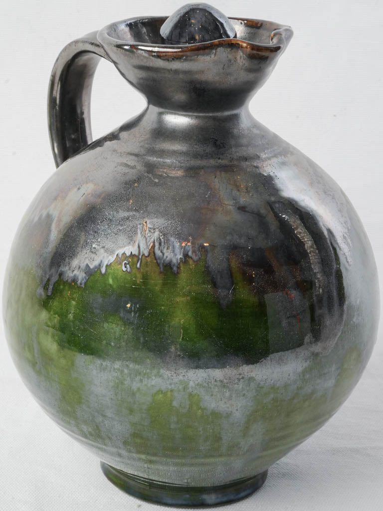 1960s Provençal Signed Studio Metallic Glazed Terracotta Pitcher W/ Stopper - 9¾"