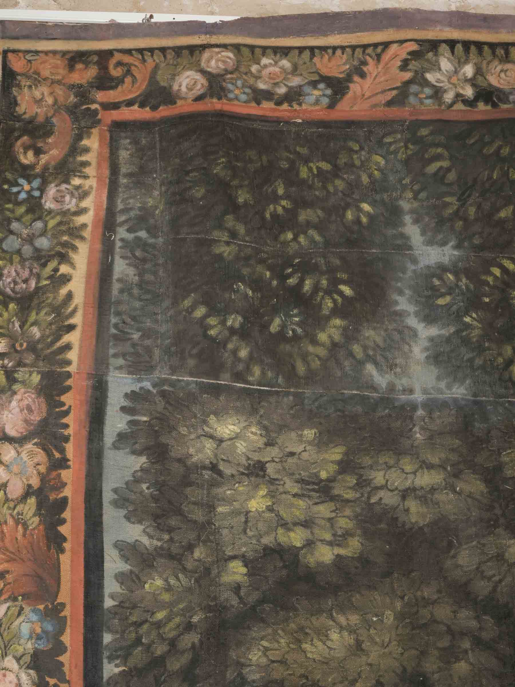 Large 18th Century Provençal Painted Hanging w/ Atmospheric Landscape & Rich Floral Border - 114¼" x 67"