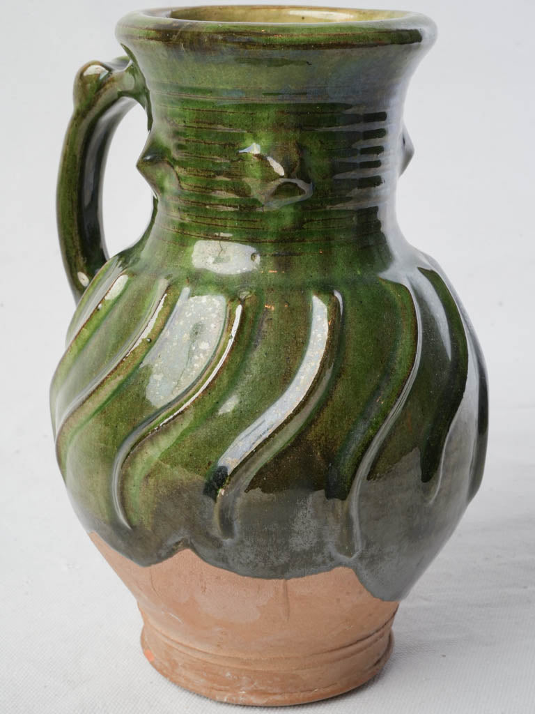 Vintage French Green-Glazed Terracotta Jug w/ Spiral Relief - 9½"