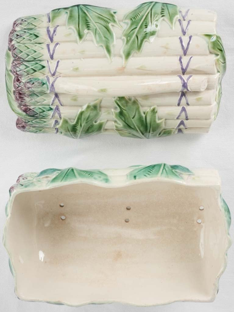 Lidded Majolica asparagus basket & platter - Longchamp 1890