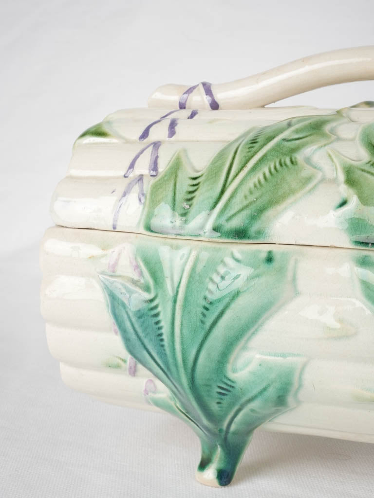 Lidded Majolica asparagus basket & platter - Longchamp 1890