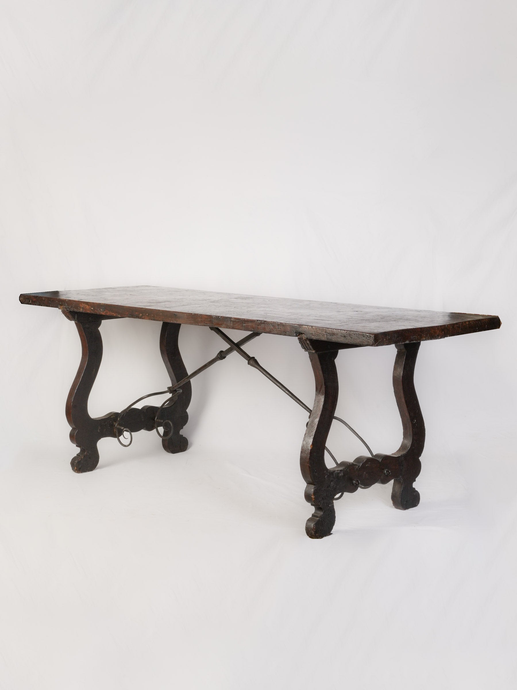 Beautiful Italian Baroque Table w/ Single-Plank Top and Wrought-Iron Stretchers, 17th Century - 79½"
