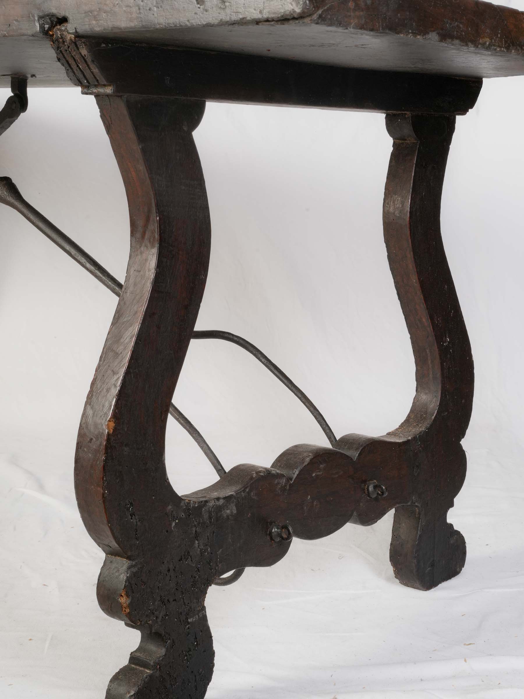 Beautiful Italian Baroque Table w/ Single-Plank Top and Wrought-Iron Stretchers, 17th Century - 79½"