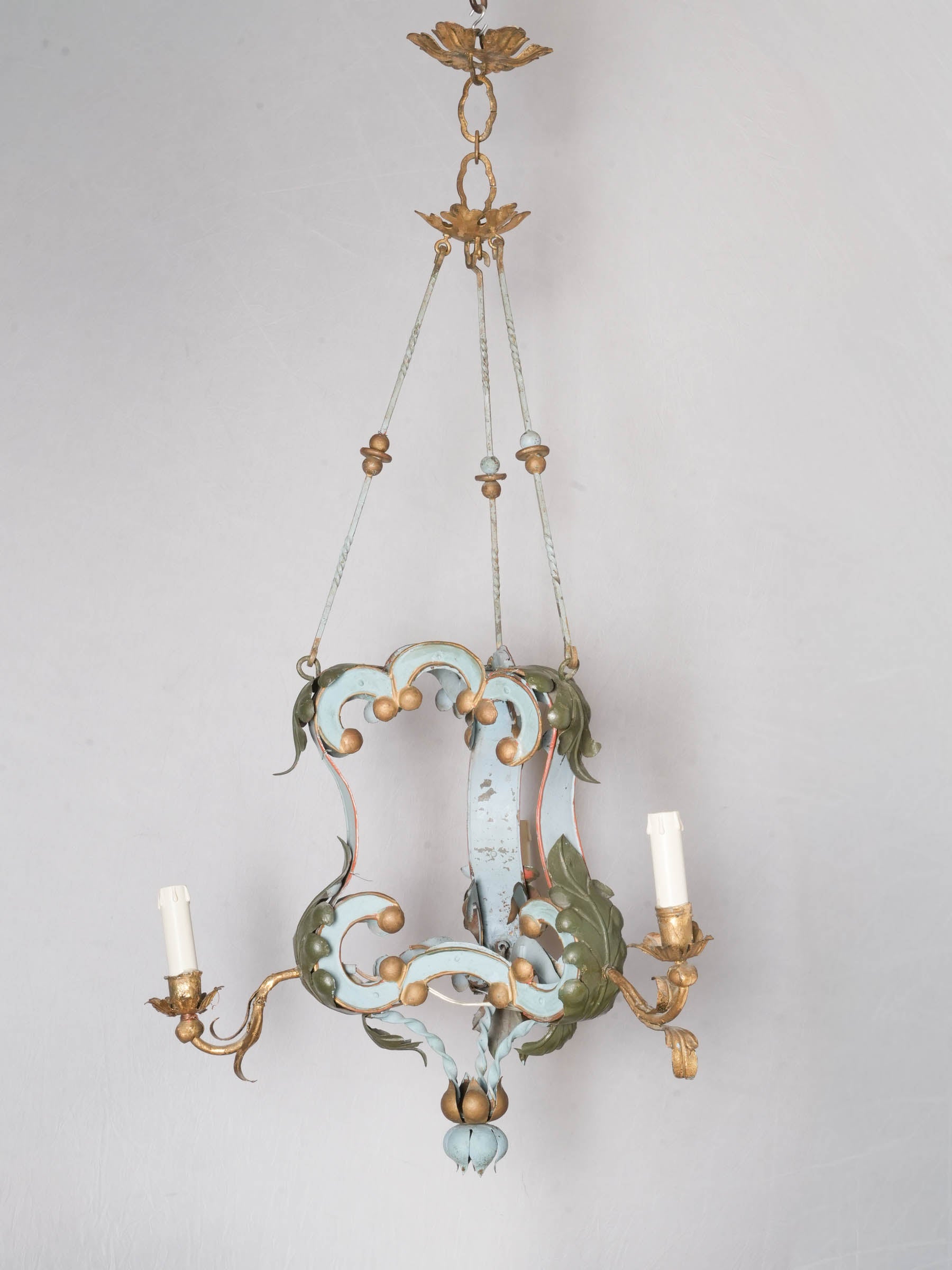 Small French or Italian Painted Tôle Three-Light Chandelier, Early 20th Century - 41" x 21¼"