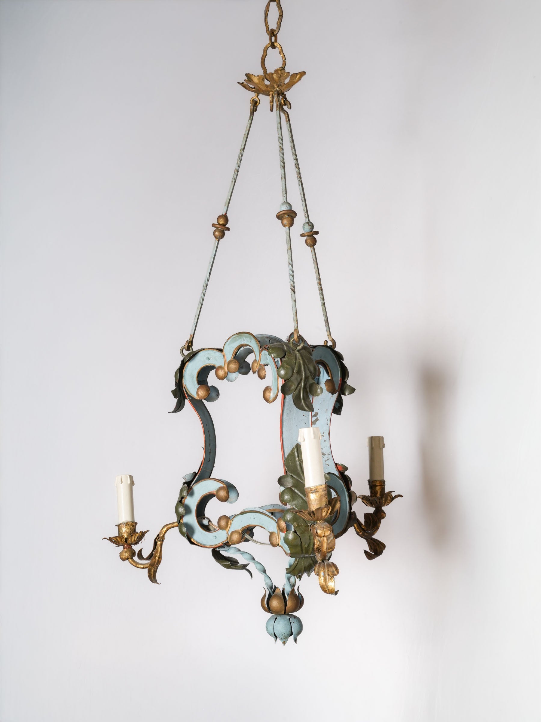 Small French or Italian Painted Tôle Three-Light Chandelier, Early 20th Century - 41" x 21¼"