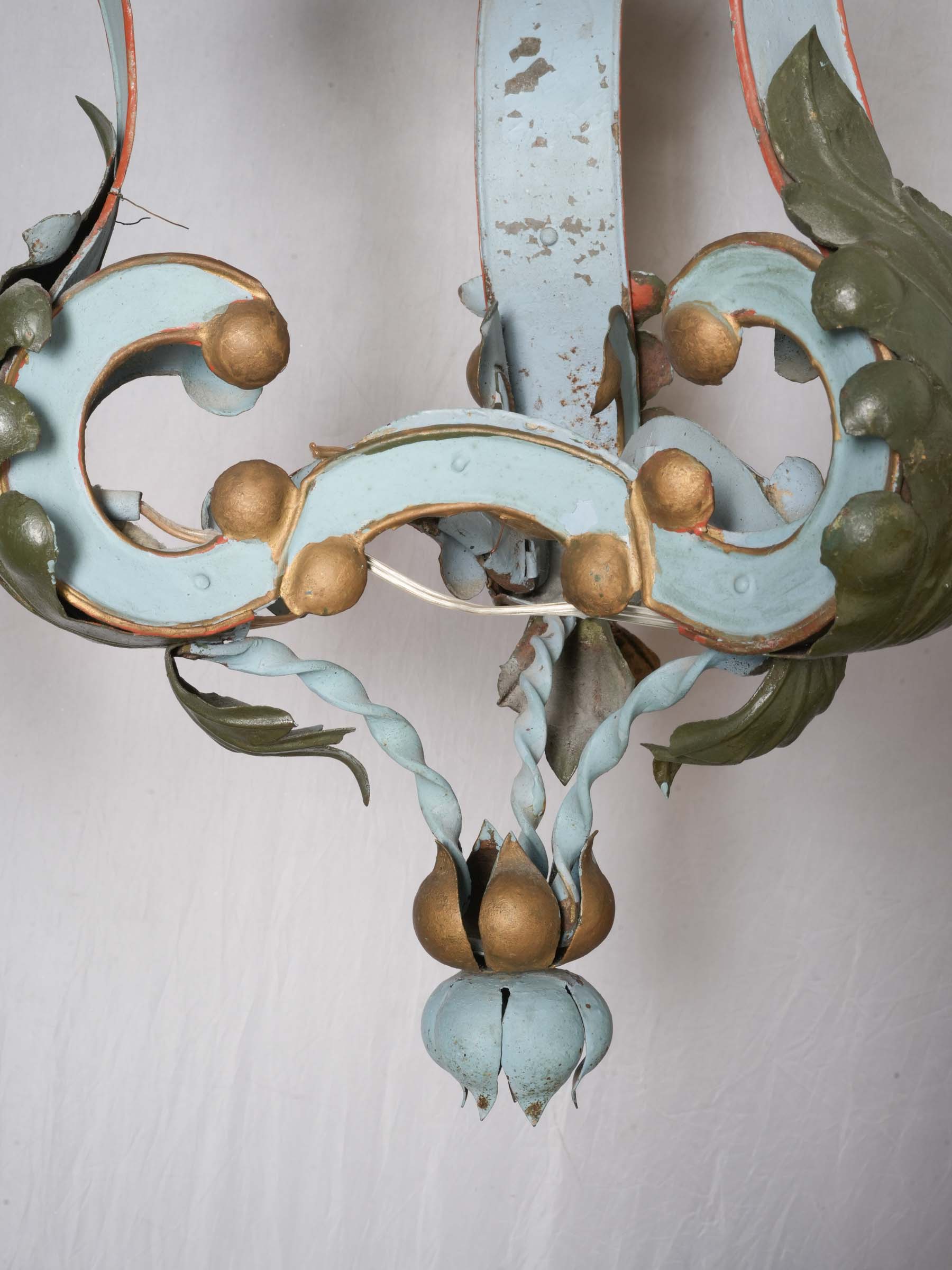 Small French or Italian Painted Tôle Three-Light Chandelier, Early 20th Century - 41" x 21¼"