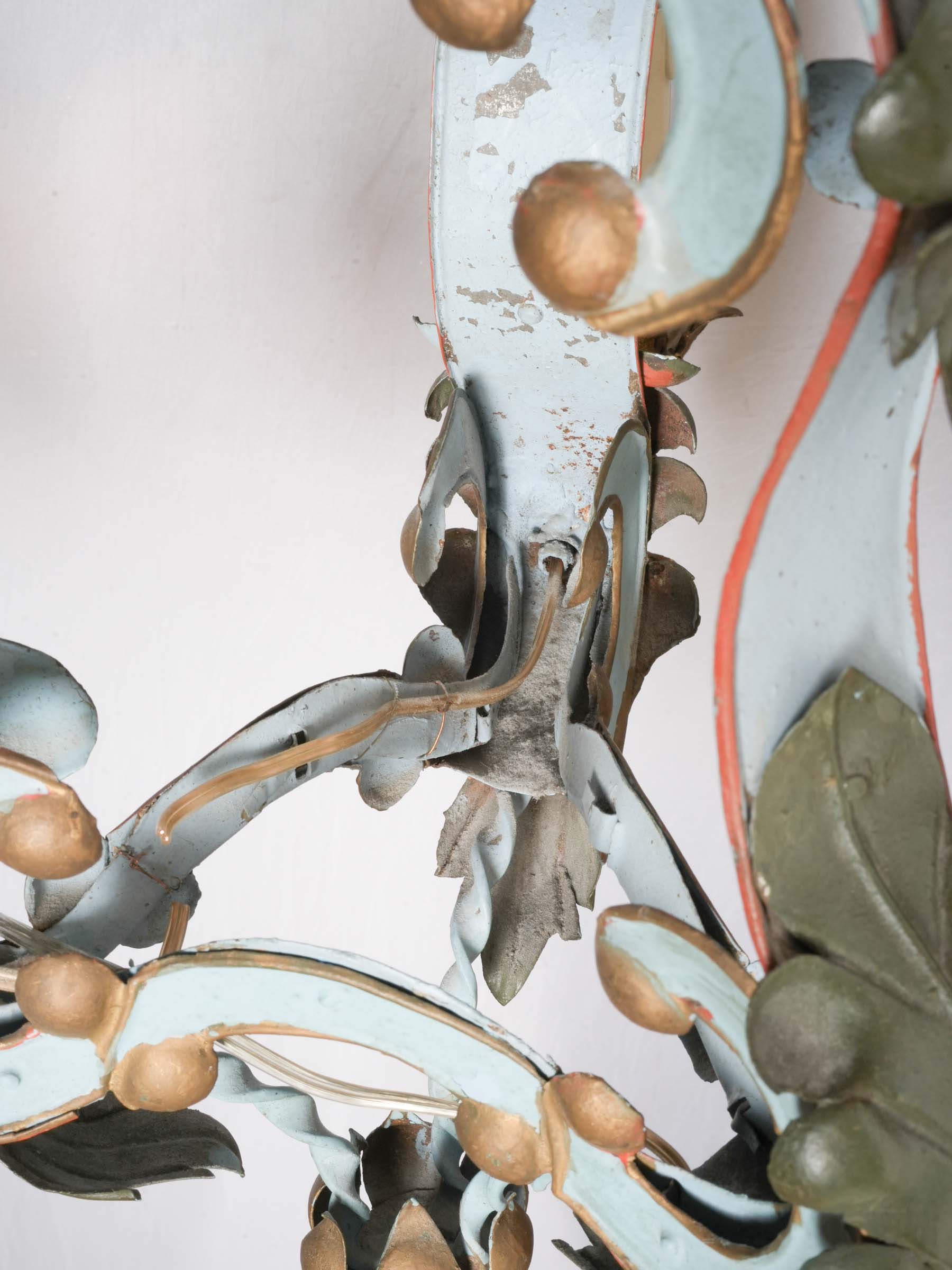 Small French or Italian Painted Tôle Three-Light Chandelier, Early 20th Century - 41" x 21¼"