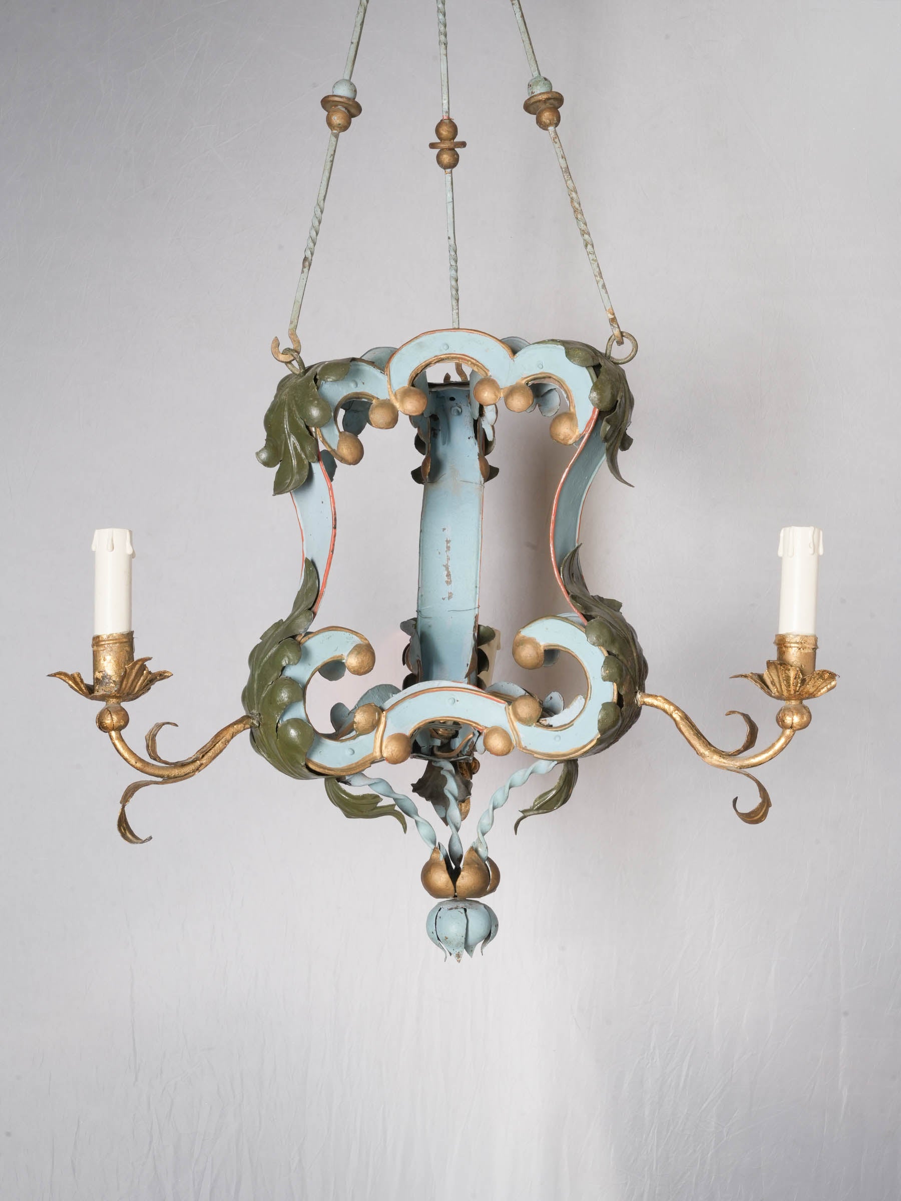 Small French or Italian Painted Tôle Three-Light Chandelier, Early 20th Century - 41" x 21¼"