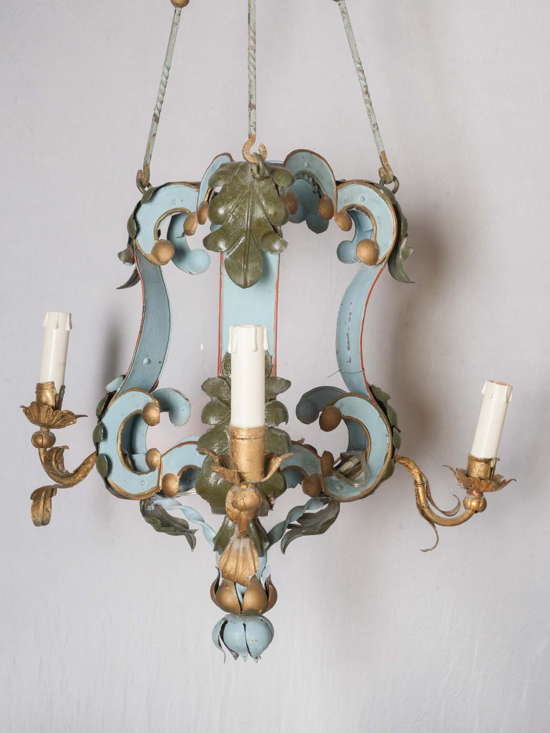 Small French or Italian Painted Tôle Three-Light Chandelier, Early 20th Century - 41" x 21¼"